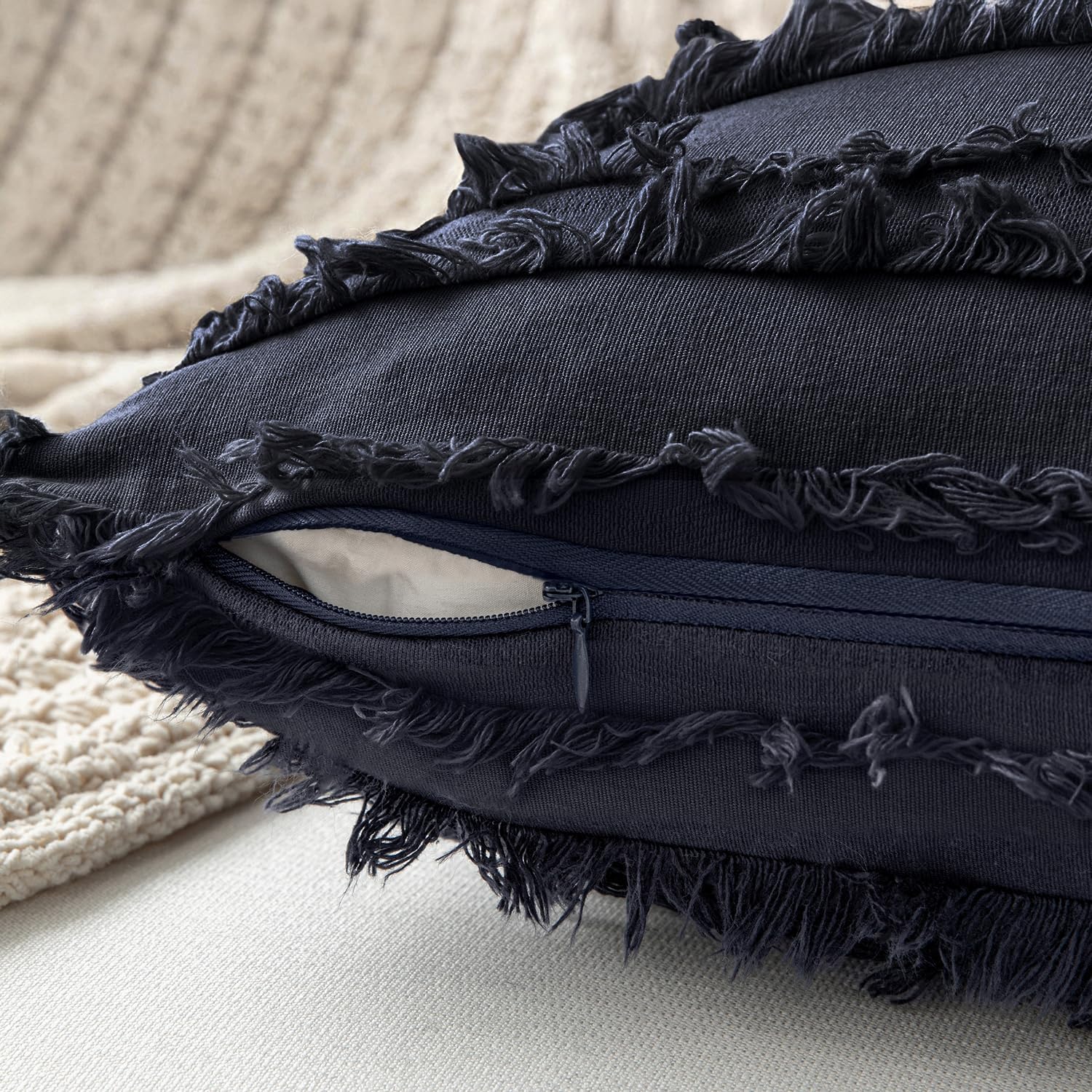 Decorative Boho Throw Pillow Covers Linen Striped Jacquard Pattern / 18 x 18 / Navy Blue / Set of 2