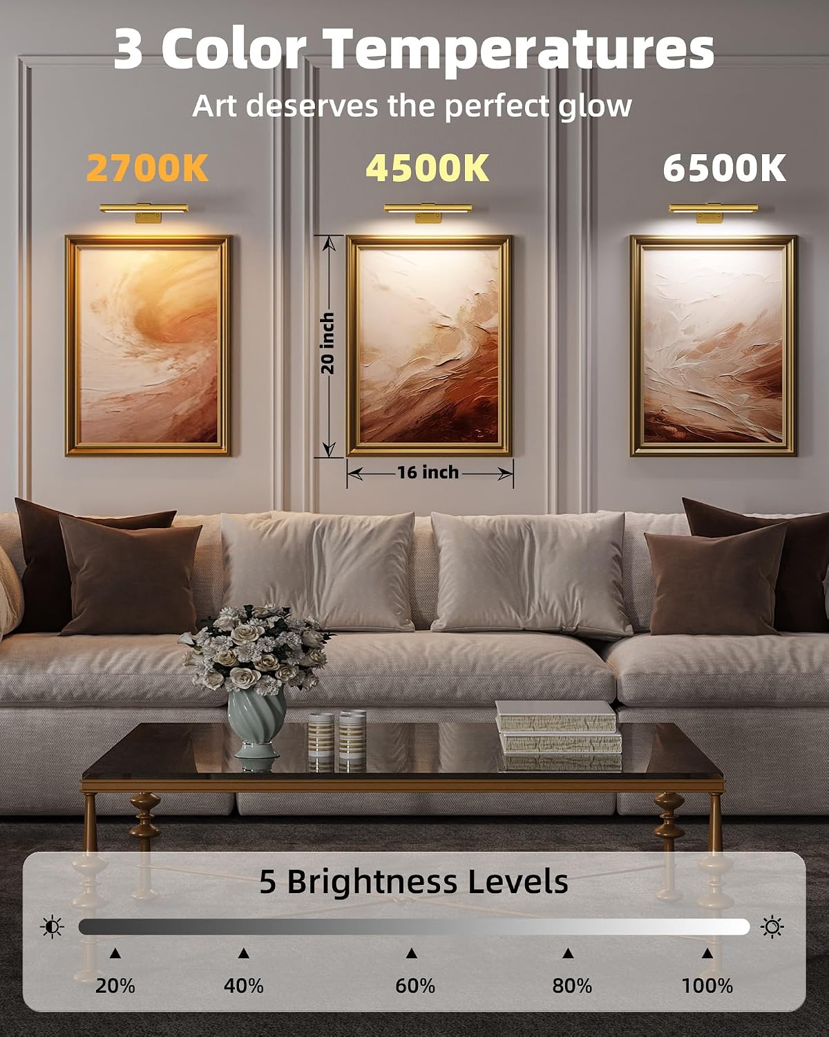 EZVALO Picture Light for Wall, Rechargeable 2400mAh Gold Lights Wireless with IR Remote, 3 Color & Dimmable Magnetic