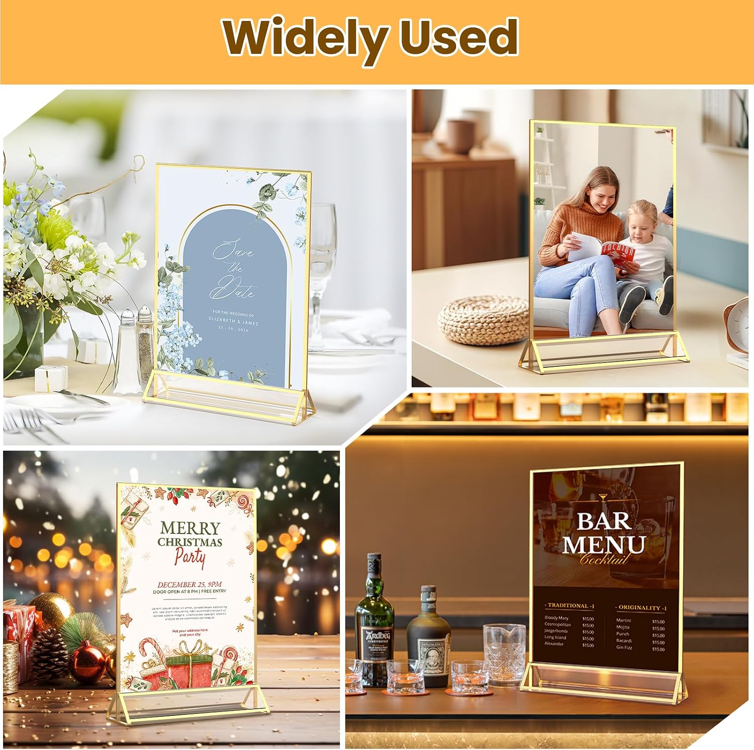 Frames Double-Sided Picture Frames Tabletop Acrylic Sign Holder / 8 x 10 / Gold / Set of 3