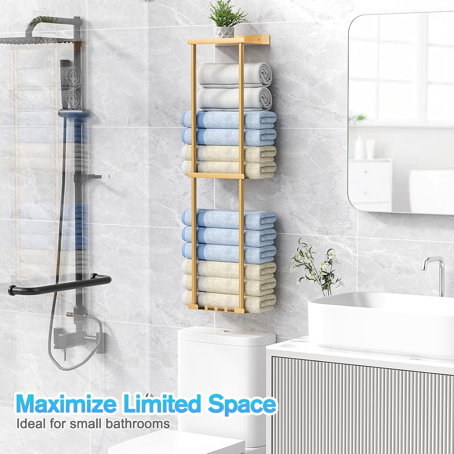 Liuoud Towel Rack for Bathroom, Wall Mounted Vertical Rolled Towel Storage Organizer Holder with Shelf, Holds Up 6