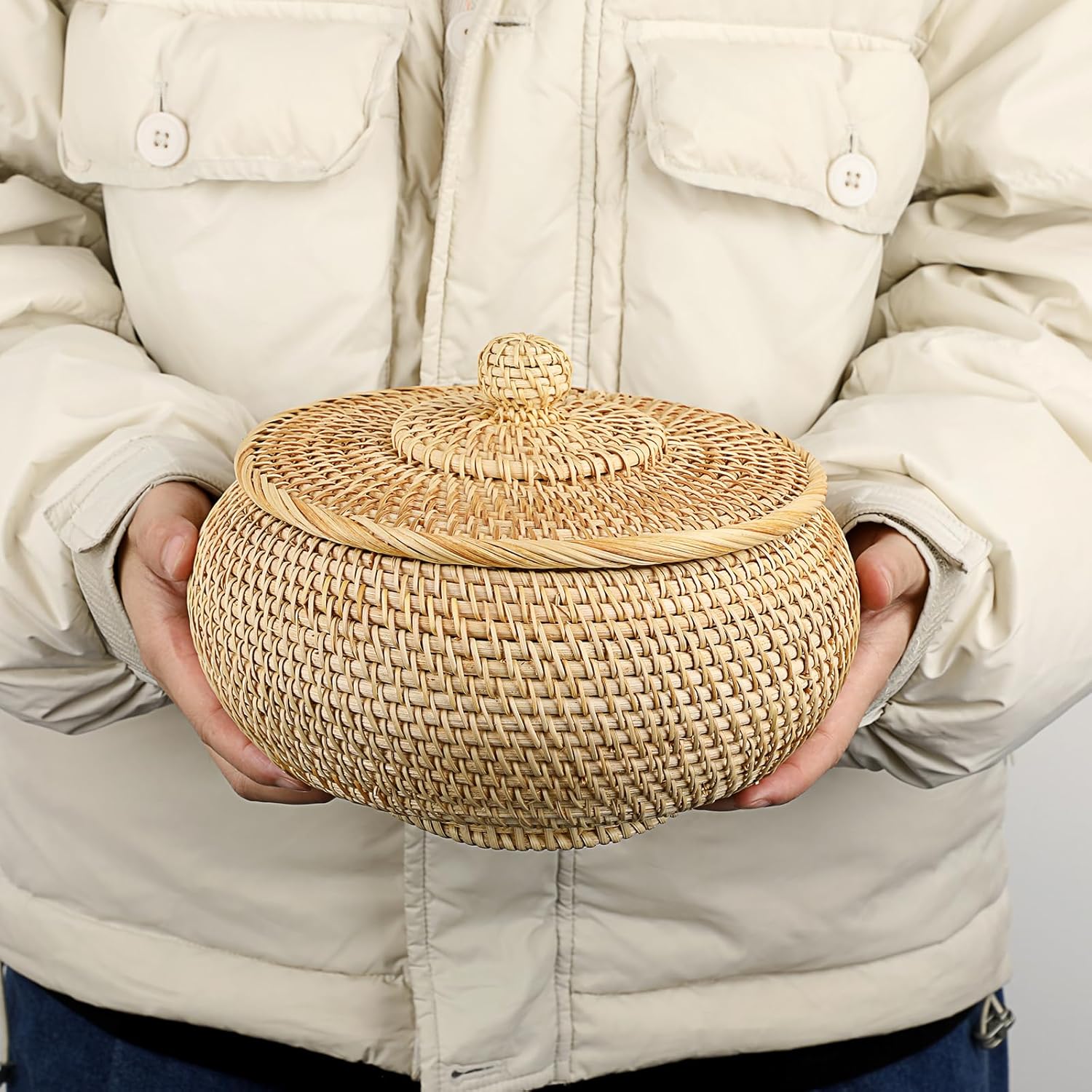 Round Rattan Basket Box / Small,7.9"d x 4.1"H / Natural Color