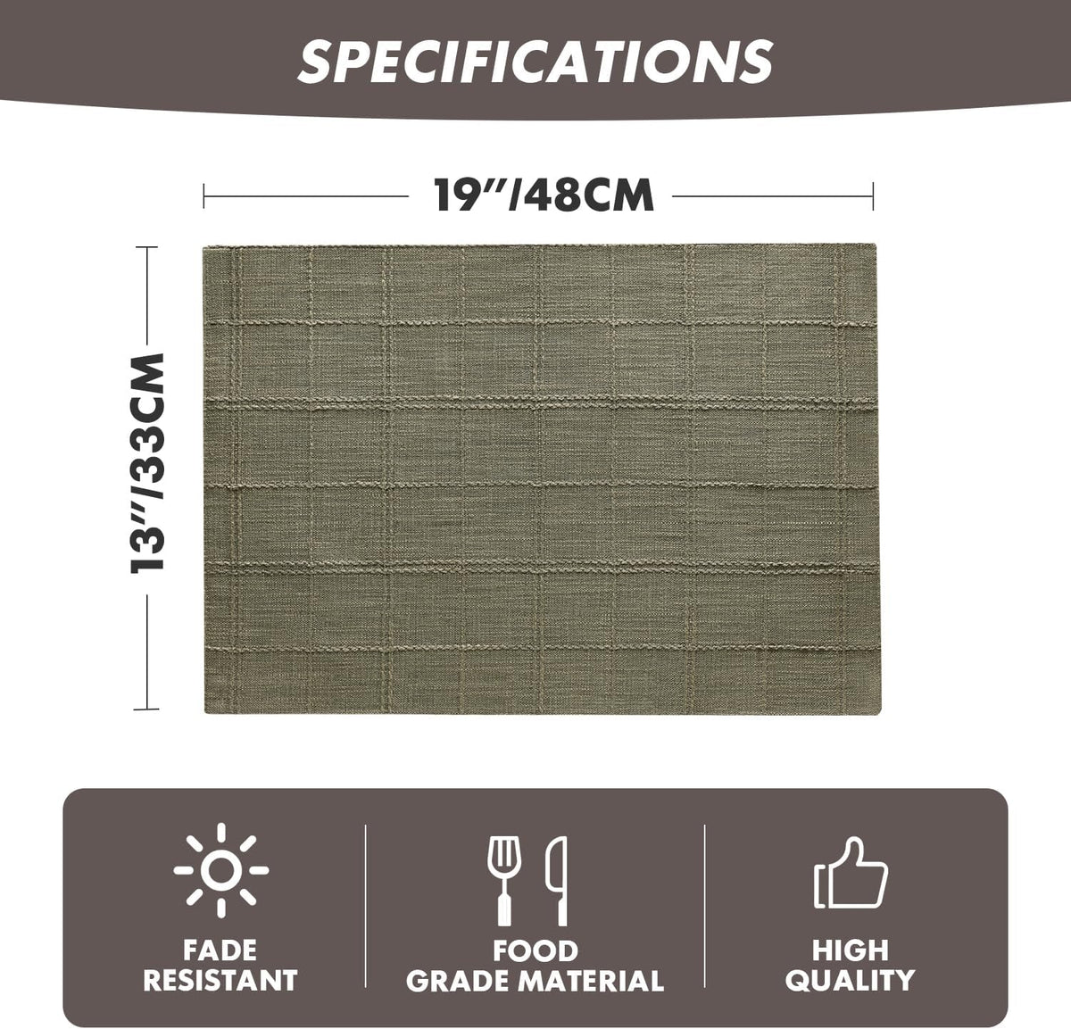 Linen Checked Farmhouse Placemats Set of 6, Olive 13x19in | Double Layer, Reversible, Thick Textured Table Mats, Raised