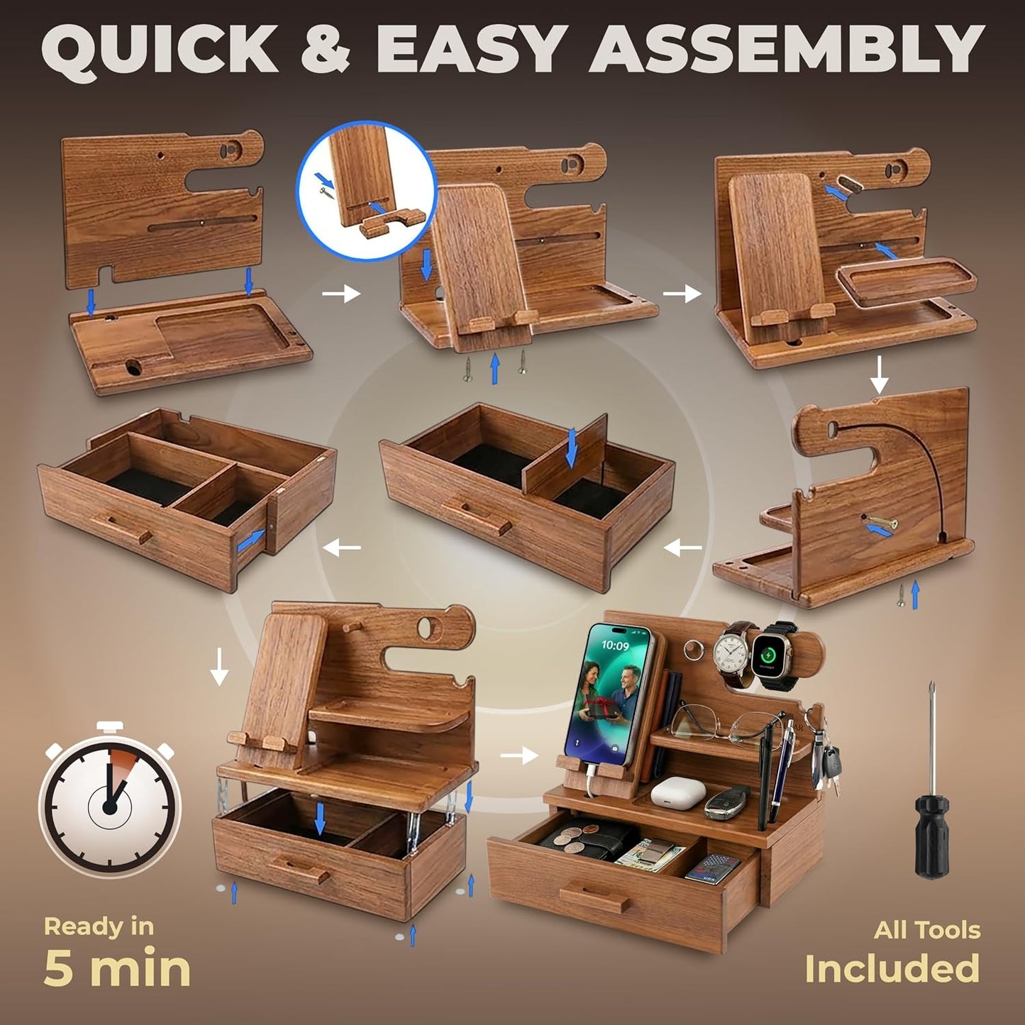 TESLYAR Wood Phone Docking Station with Drawer - Nightstand Organizer - Desk Organizer for Husband - Birthday Gifts for