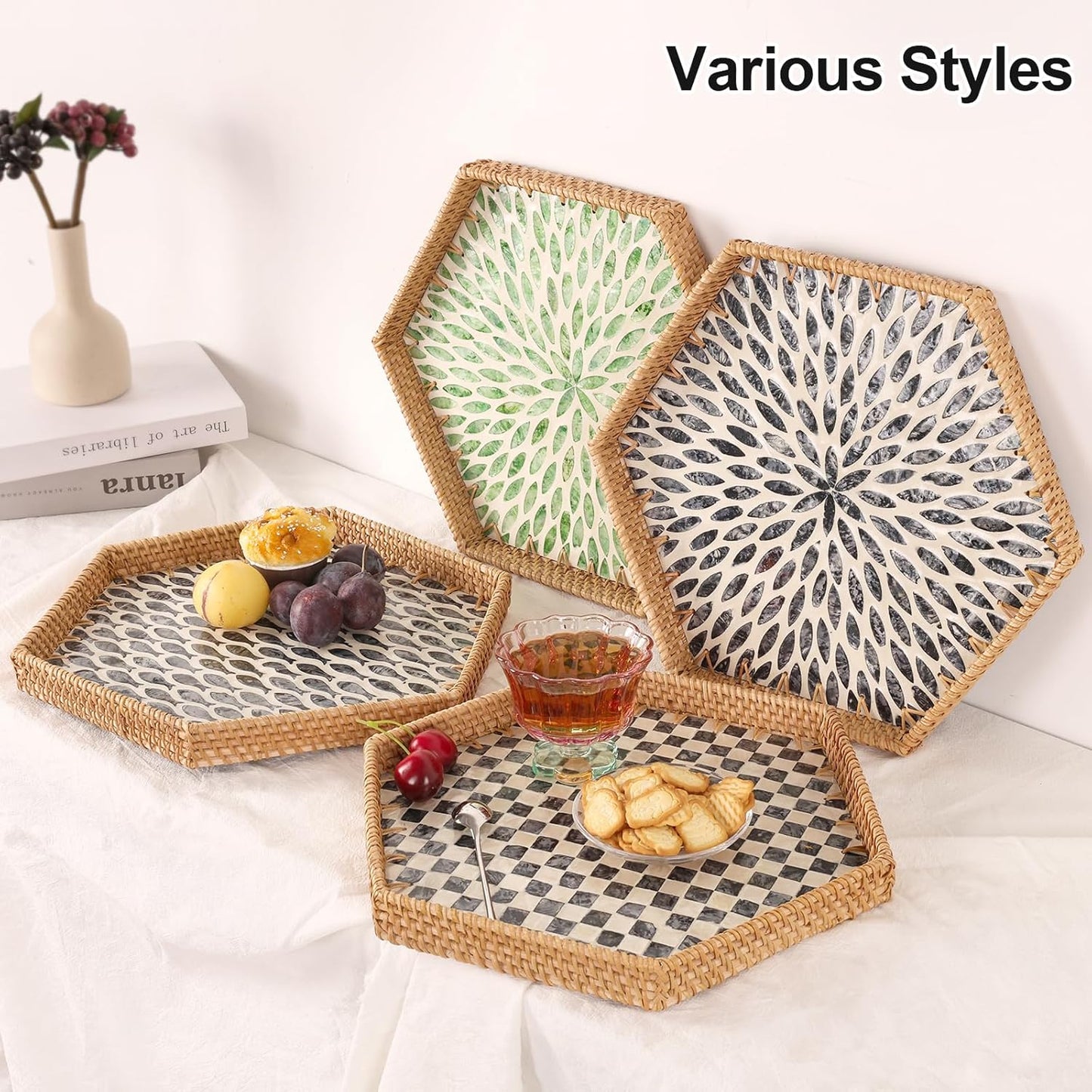 Hexagon Rattan Tray / Black Checker