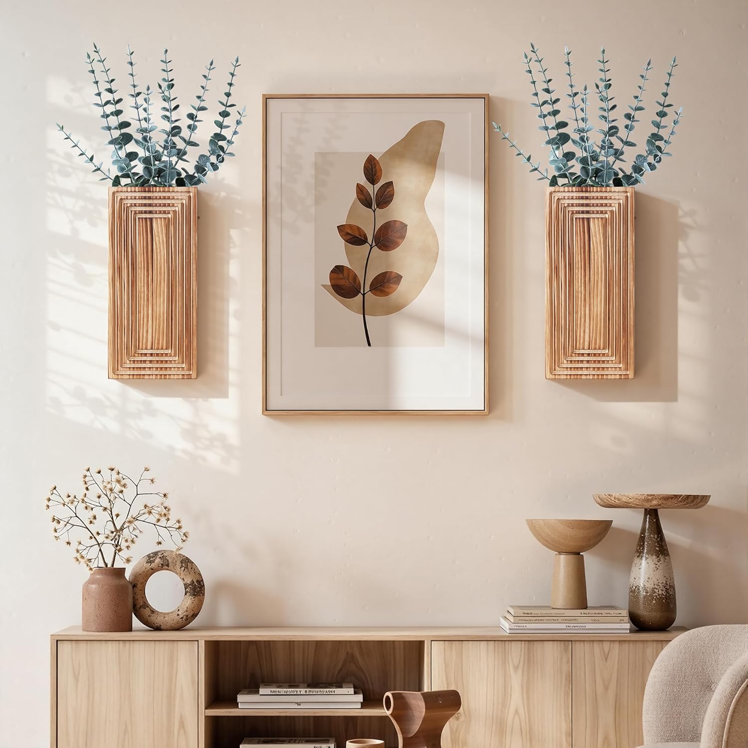 Wooden Wall Planter Vase / Burnt Brown with Eucalyptus / Set of 2
