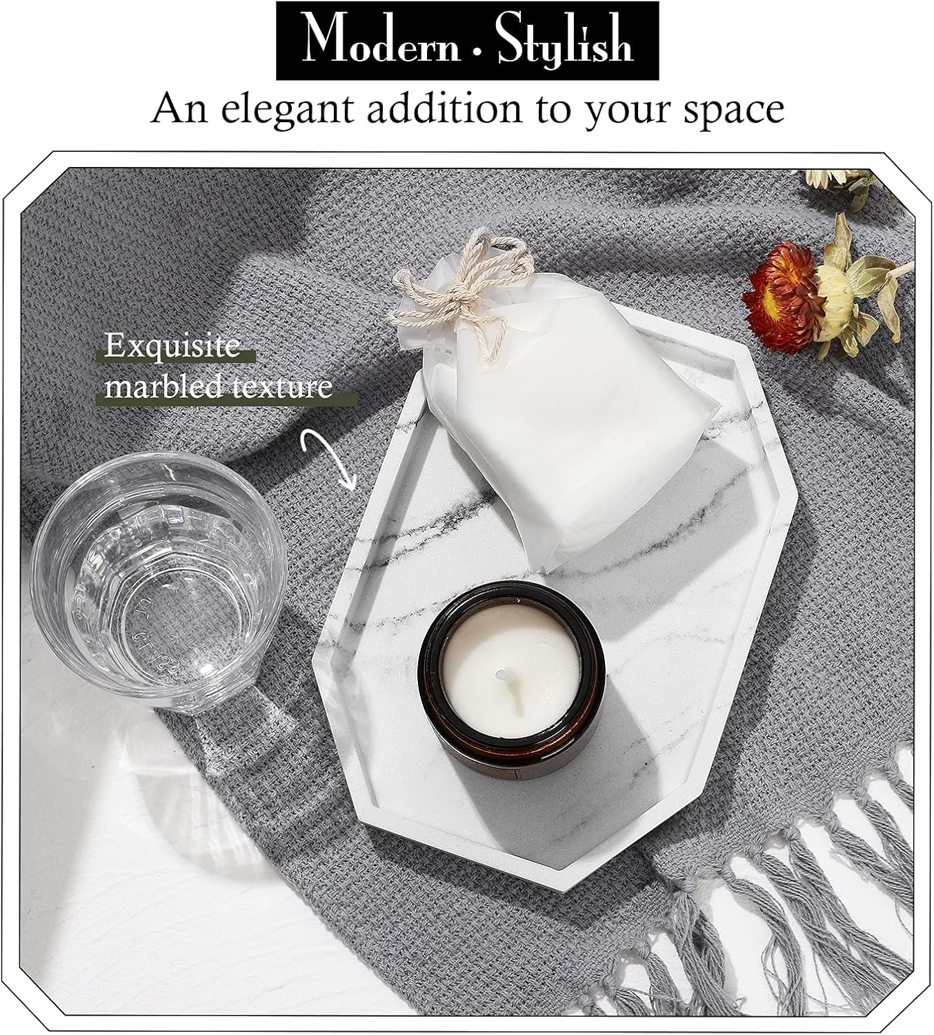 Small Octagon Vanity Tray / 8 x 5.7 x 0.8 / Gravel White
