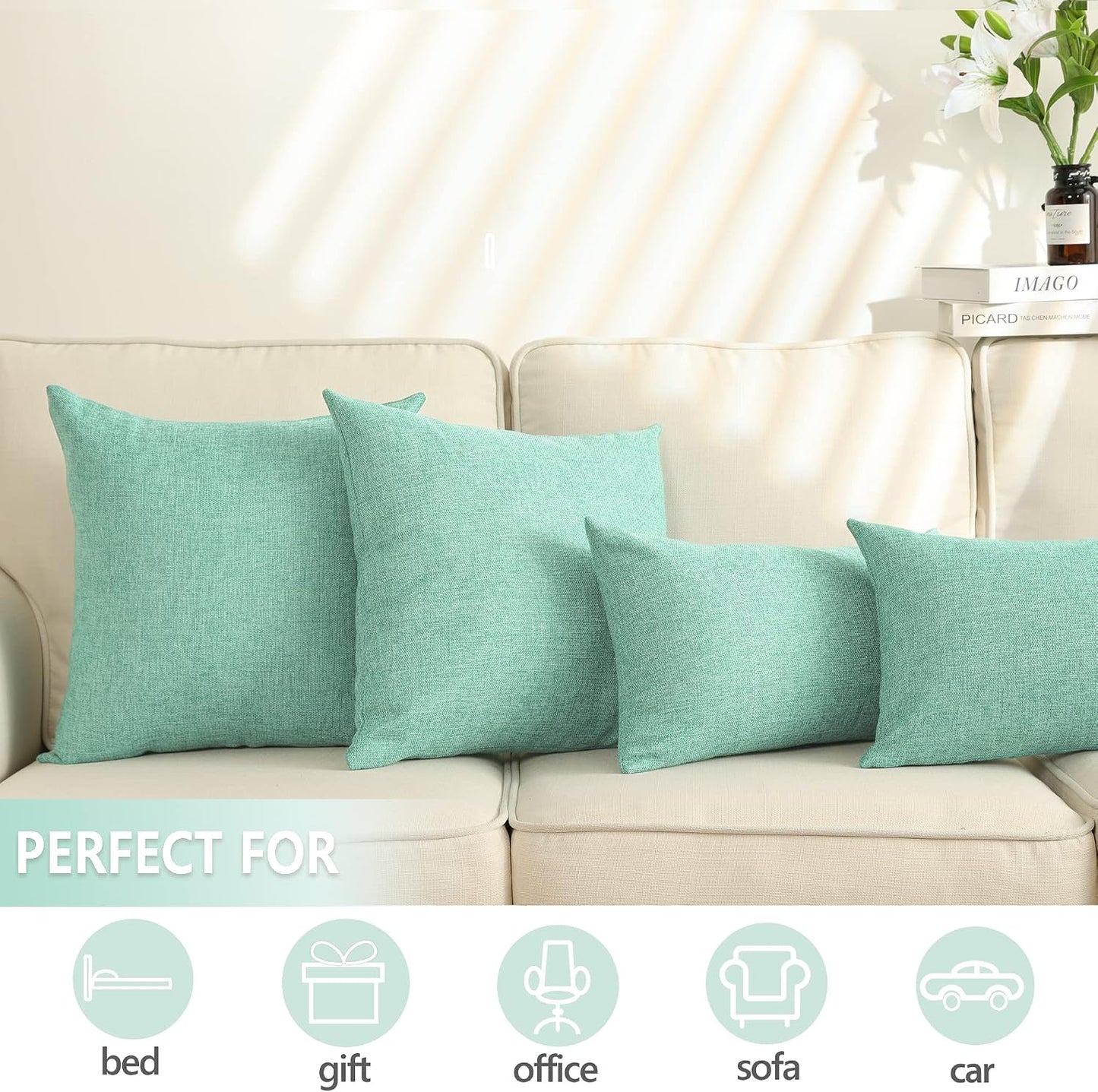 Burlap Throw Pillow Covers Solid Farmhouse Linen Pillowcase for Bed / 24 x 24 / Green / Set of 2
