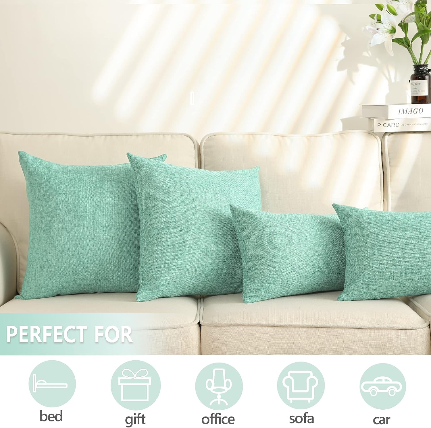 Burlap Throw Pillow Covers Solid Farmhouse Linen Pillowcase for Bed / 24 x 24 / Green / Set of 2