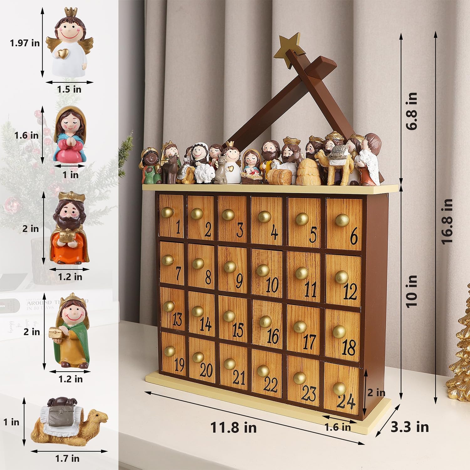 Juegoal Nativity Advent Calendar, Countdown to Christmas Advent Calendar with 24 Pieces Figures & 24 Drawers, Christian