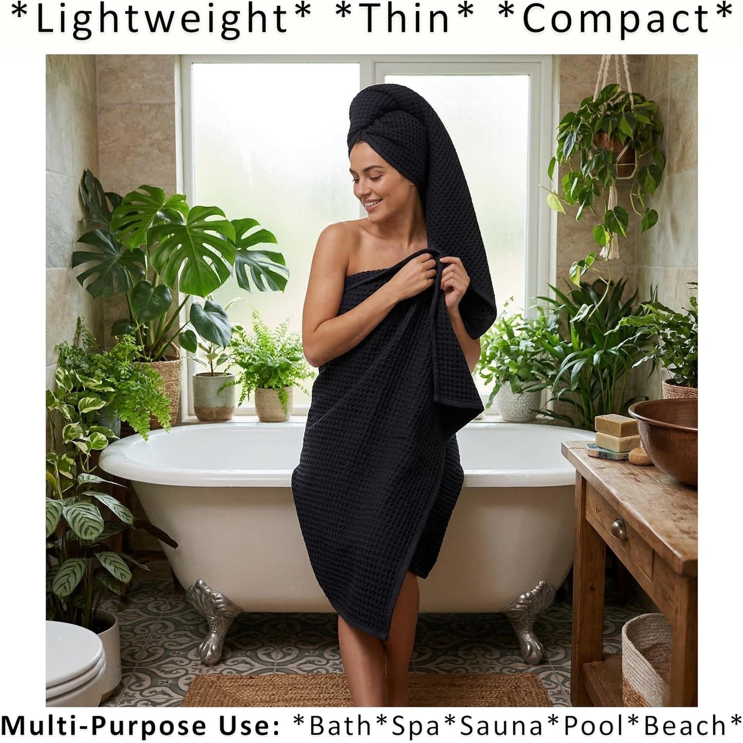 PÜSKÜL Natural 100% Turkish Cotton Waffle Bath Towels Set of 2, Extra-Large | Black, Oversize 32x63" Bath sheet towel