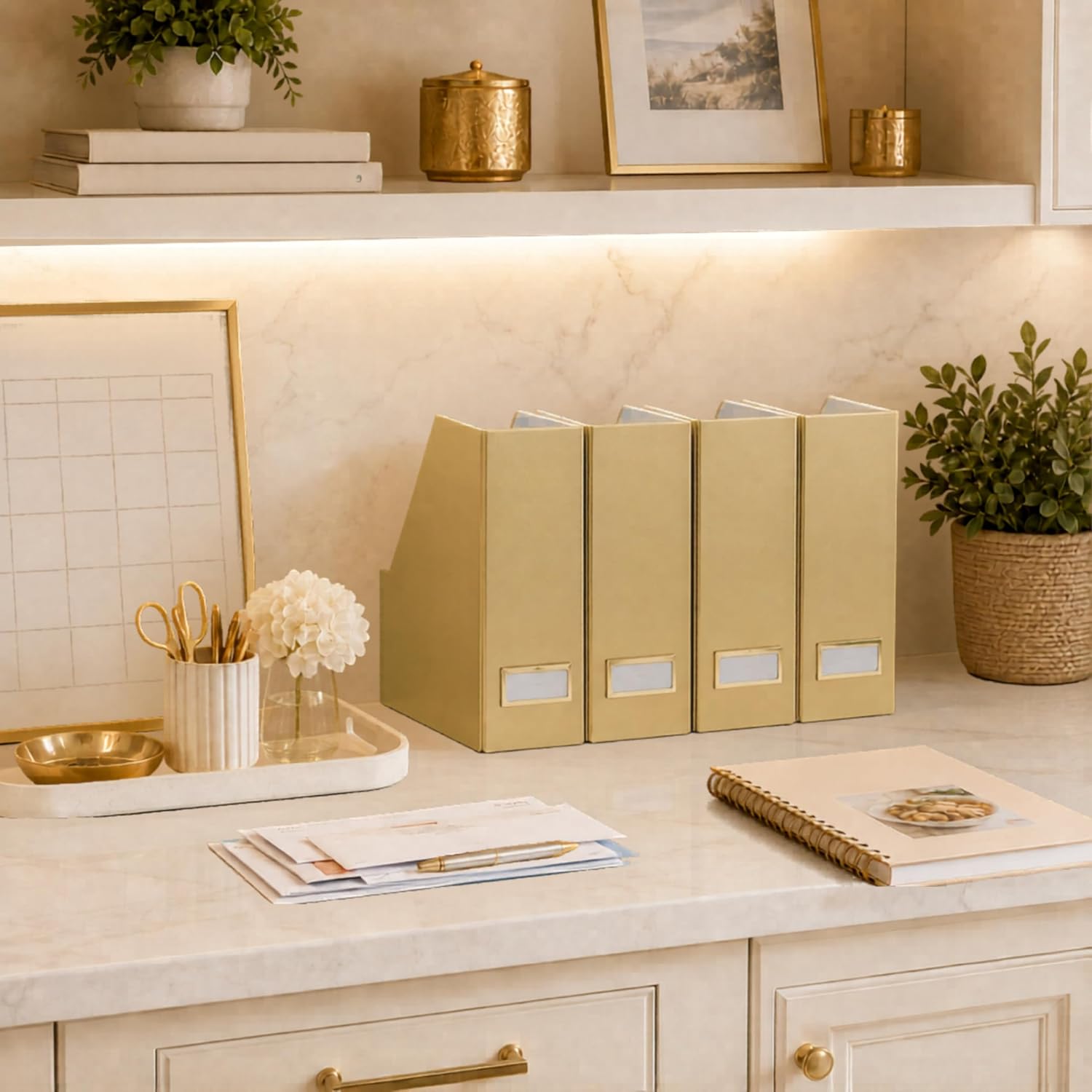 BLU MONACO | Gold Cardboard Magazine File Holder Set of 4 | Vertical Magazine File Holder for Shelves | Standing File