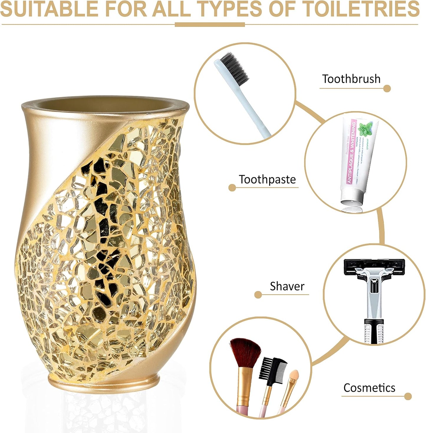 Zahari Home 4pc Sinatra Stylish Bathroom Accessories Set Champagne Gold Soap Dispenser Pump, Tumbler, Tooth Brush