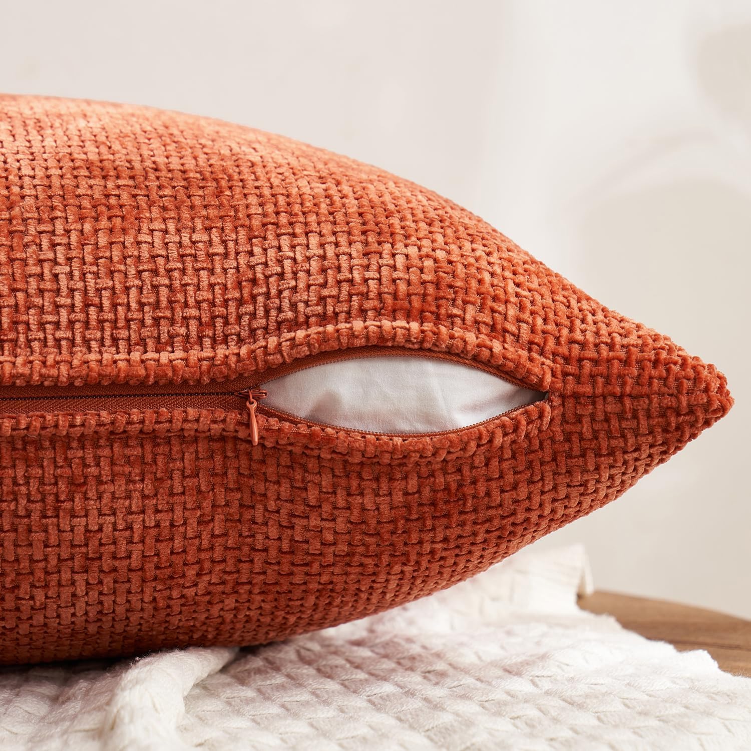 Couch Throw Pillow Covers Soft Decorative Chenille Pillow Covers / 18 x 18 / Burnt Orange / Set of 4