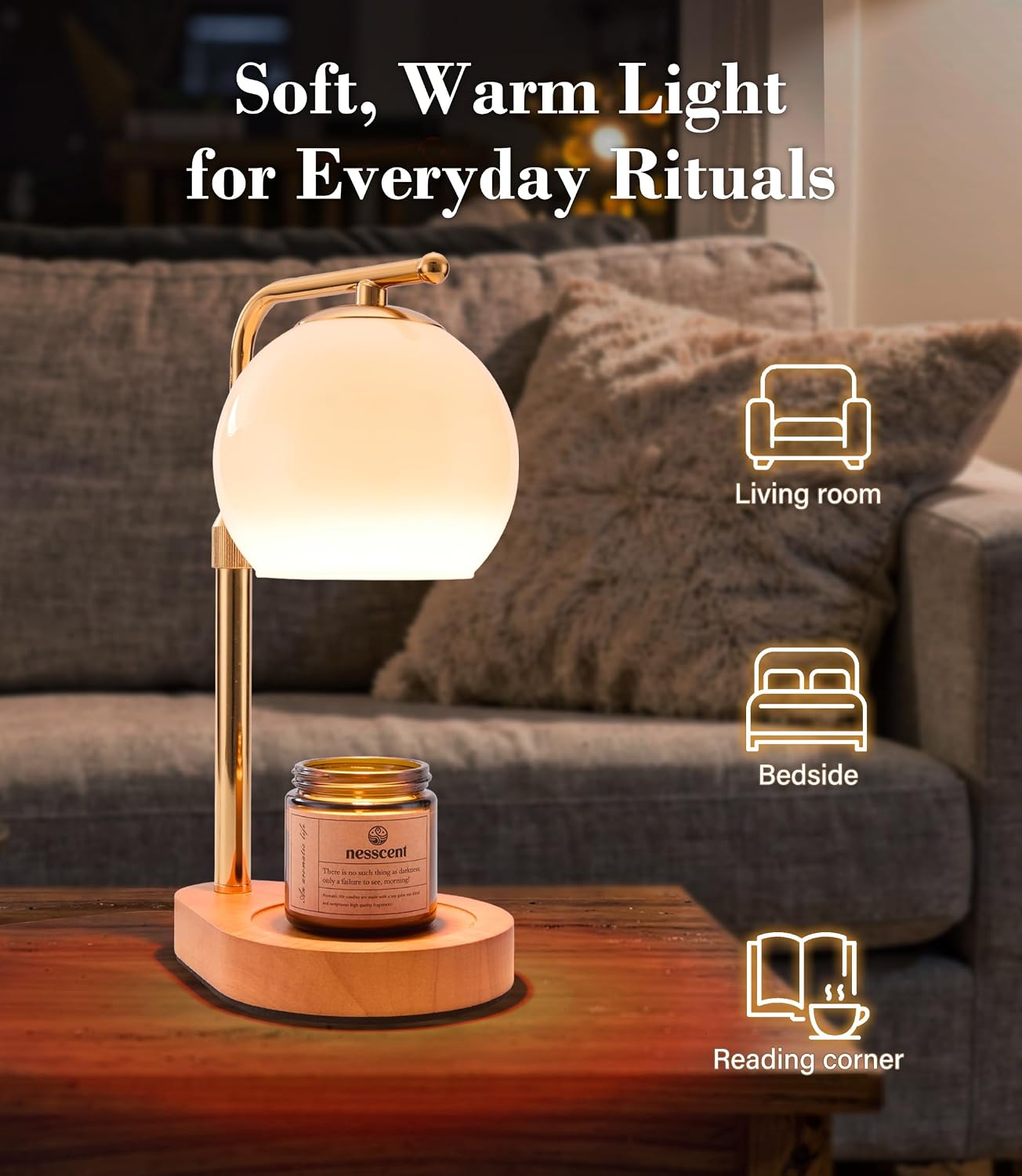 Ivory Glass Candle Warmer Lamp Adjustable Height with Timer 2 4 8H | Warm Gold Hardware | Dark Walnut Base | Dimmer Wax