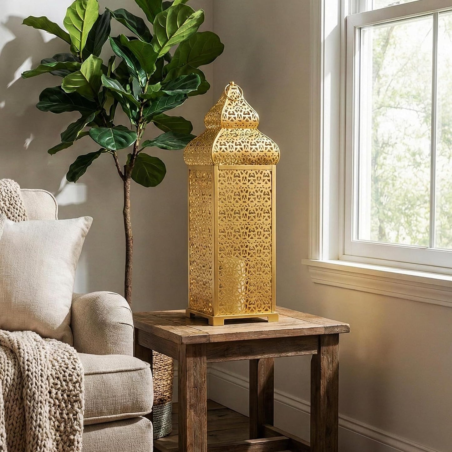 Vela Lanterns Decorative Indoor Tall Moroccan Floor Candle Holder, Gold, XL | Ramadan Decorations for Home, Extra Large