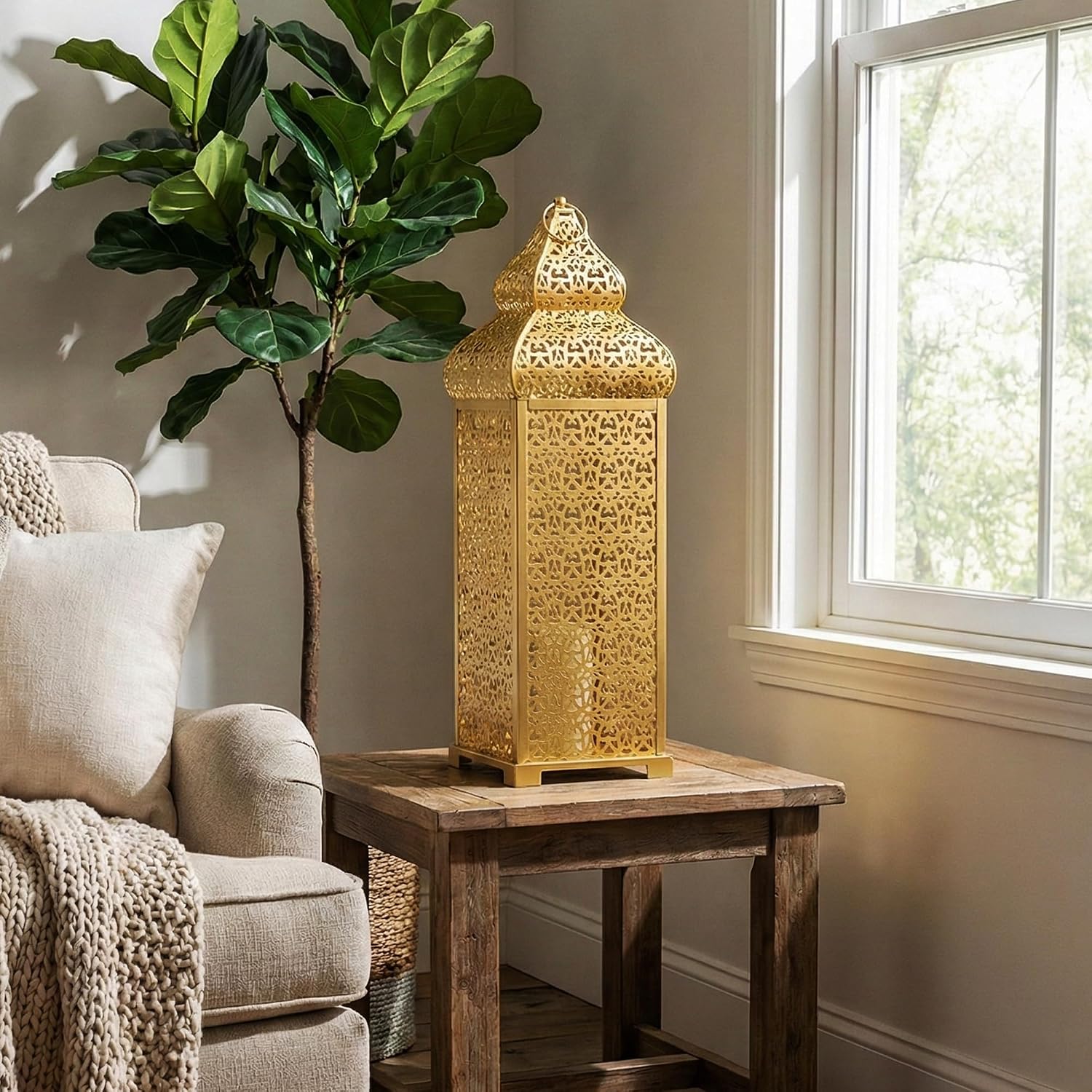 Vela Lanterns Decorative Indoor Tall Moroccan Floor Candle Holder, Gold, XL | Ramadan Decorations for Home, Extra Large