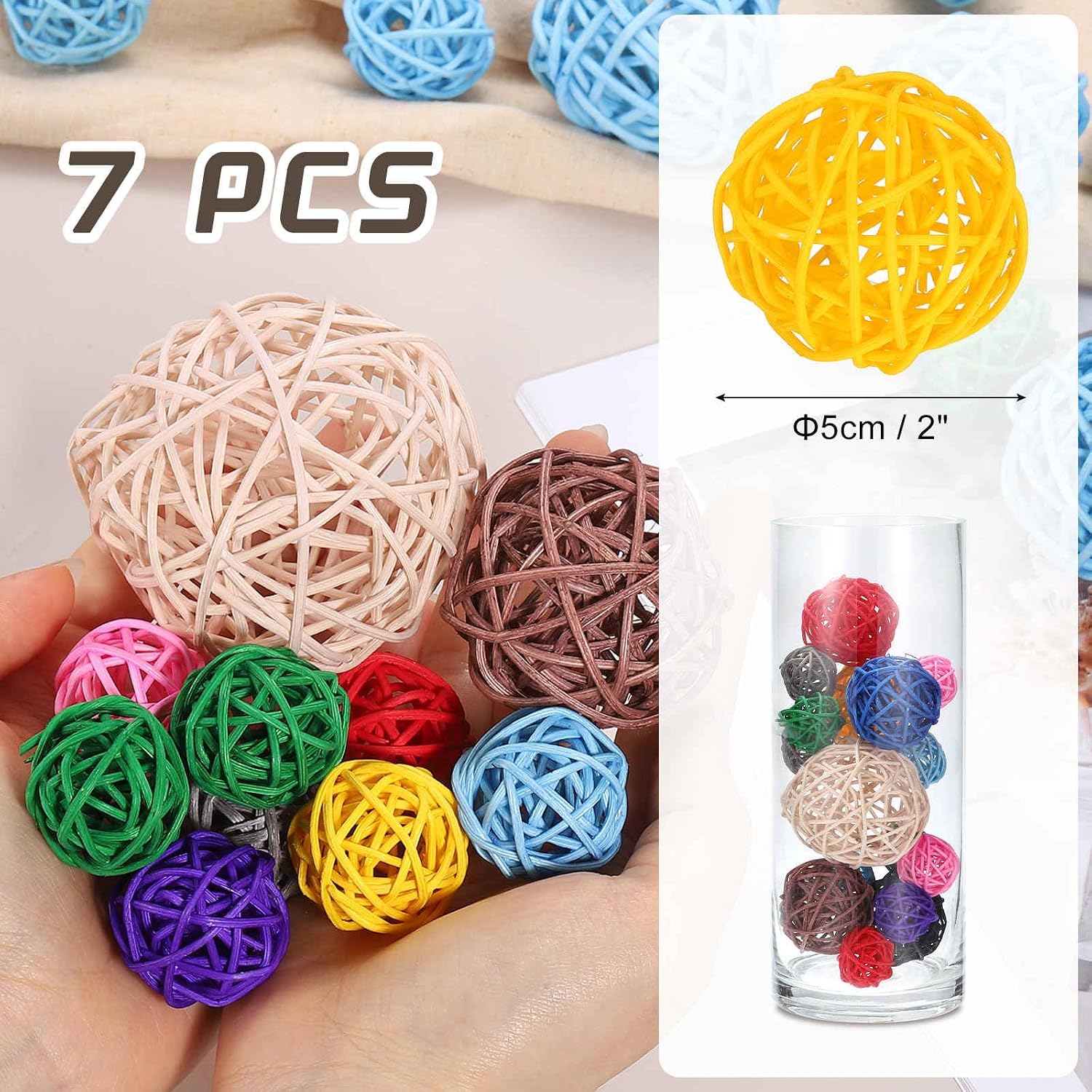 Wicker Rattan Balls for Bowl Centerpiece Dia Rattan Wicker Twig Orbs / Yellow / 2 Inch / Set of 7