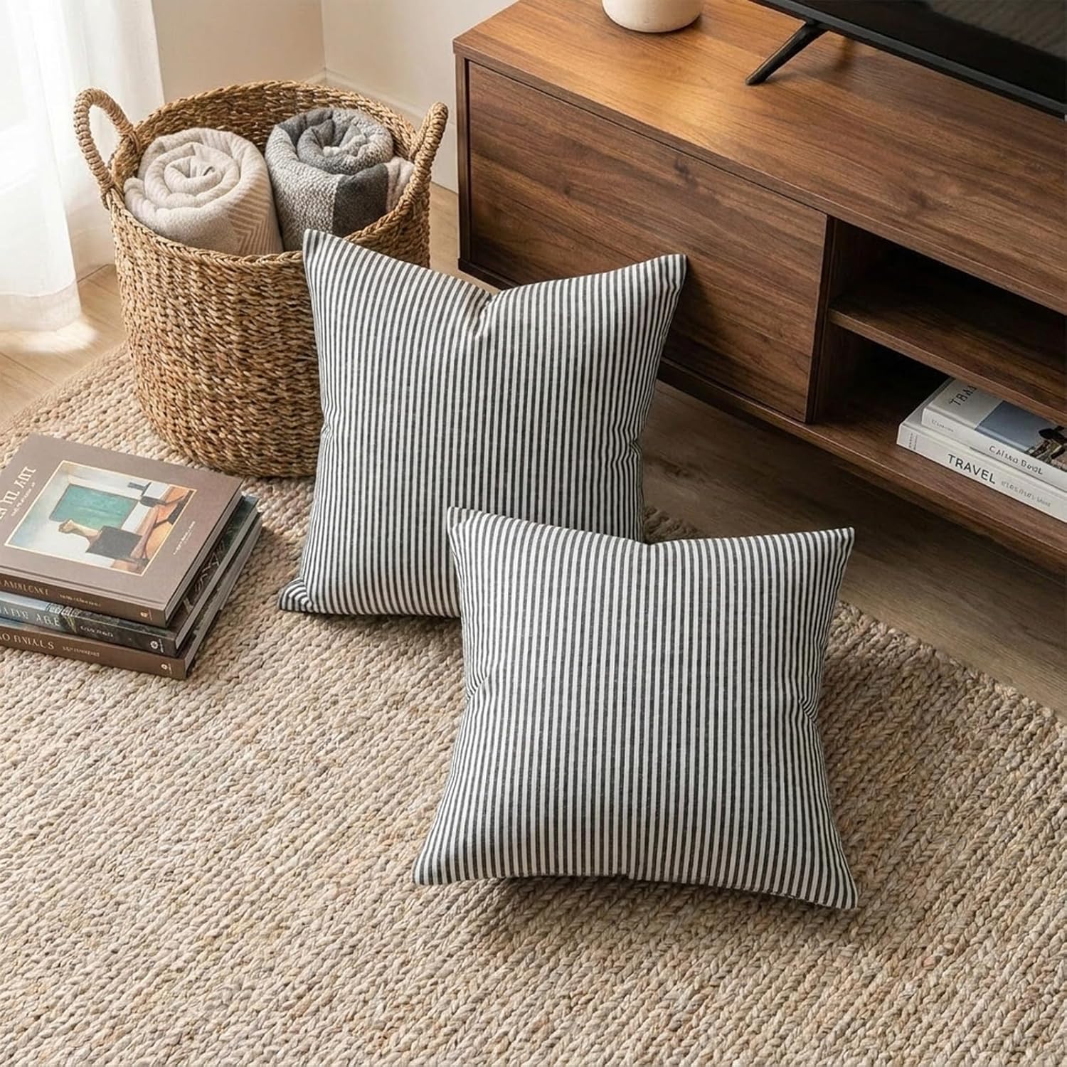 Black White Farmhouse Striped Pillow Covers Black and White / Black Stripe / 18 x 18 / Set of 2