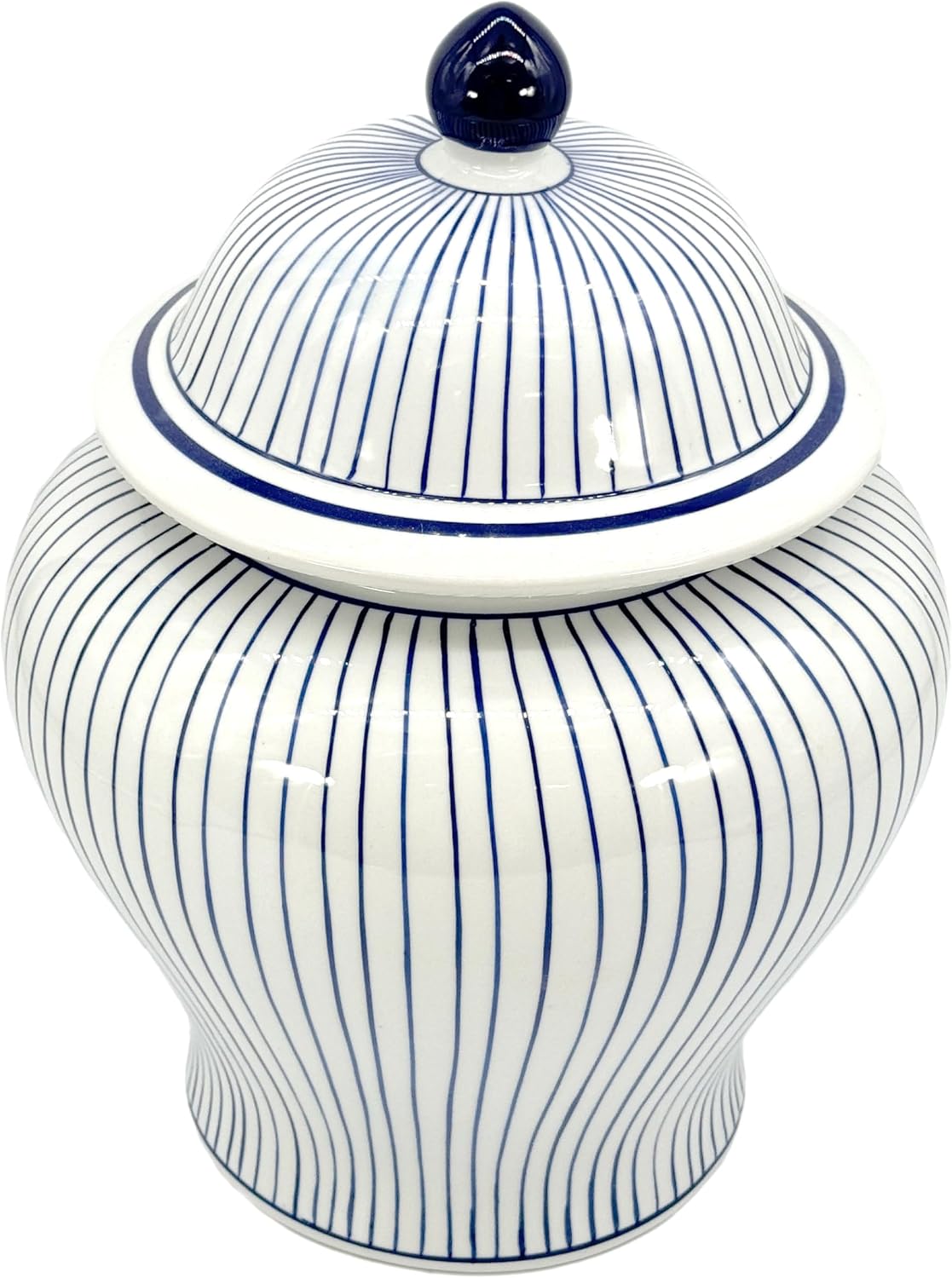 Blue & White Striped Wide Ceramic Porcelain Ginger Jar wtih Lid Temple Jar / Blue & White Stripes