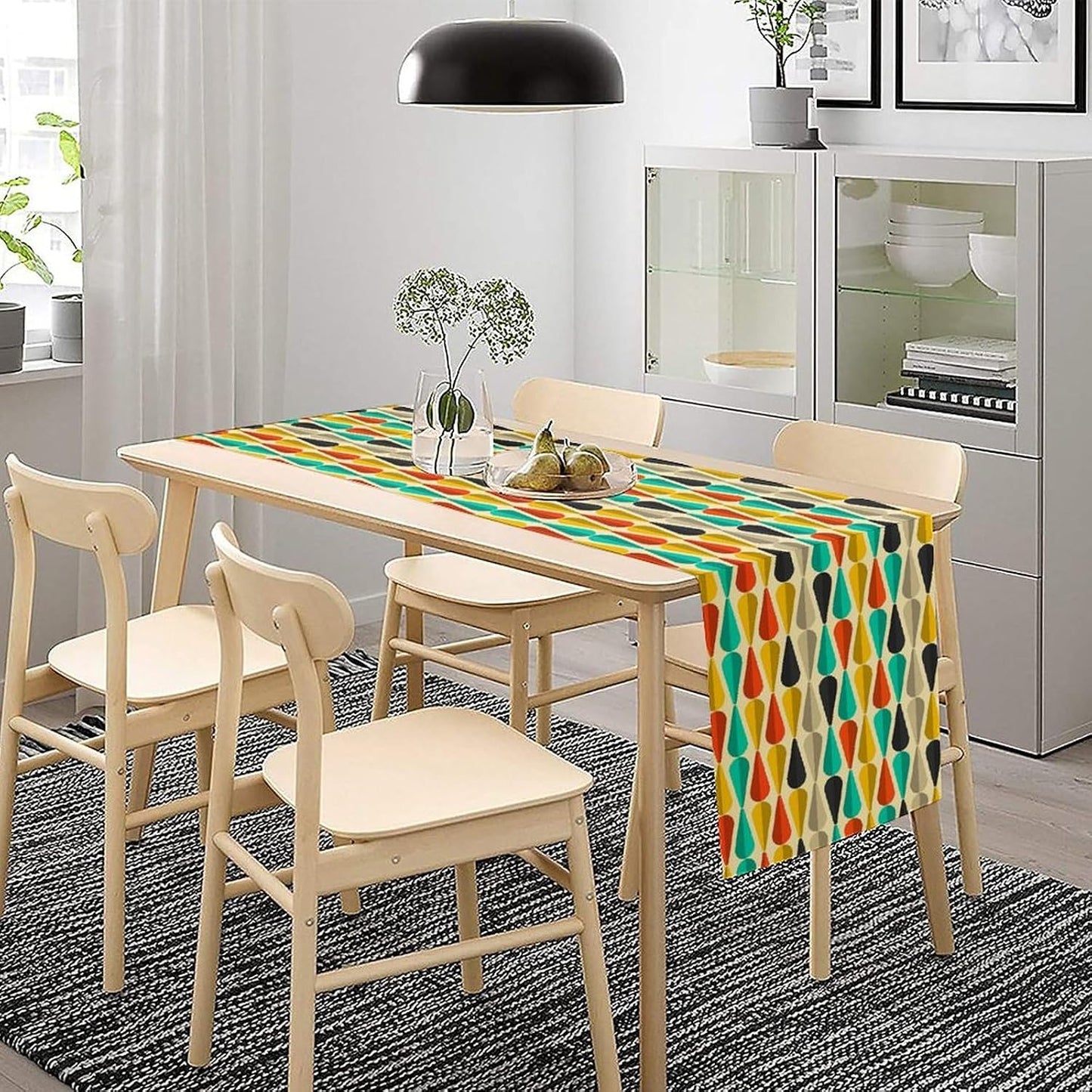 Mid Century Table Runner, Abstract Aesthetic Geometric Mid Century Retro Modern Patterns Printed Linen Table Runner for