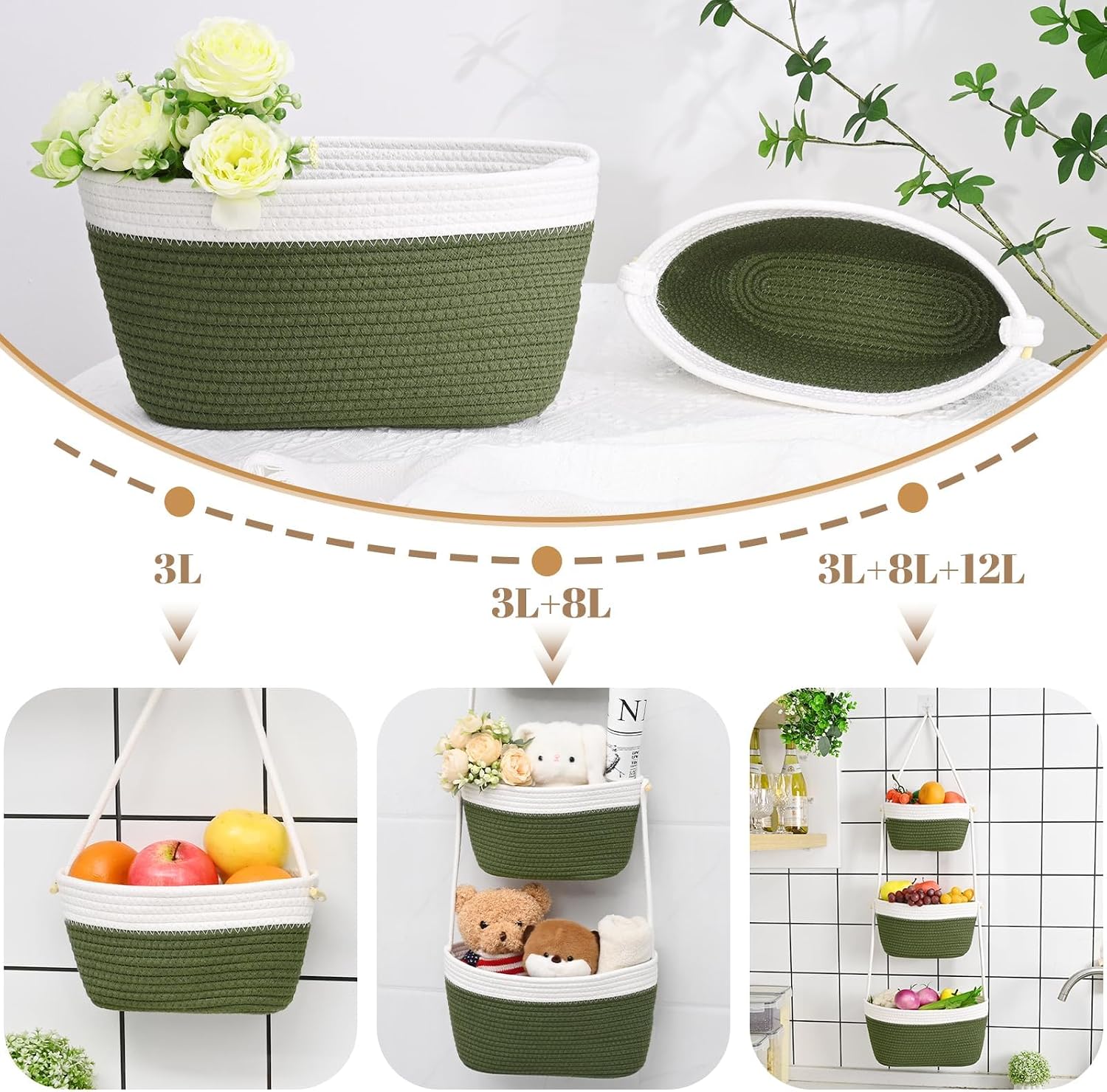 3-Tier Woven Wall Basket / Classic / Green