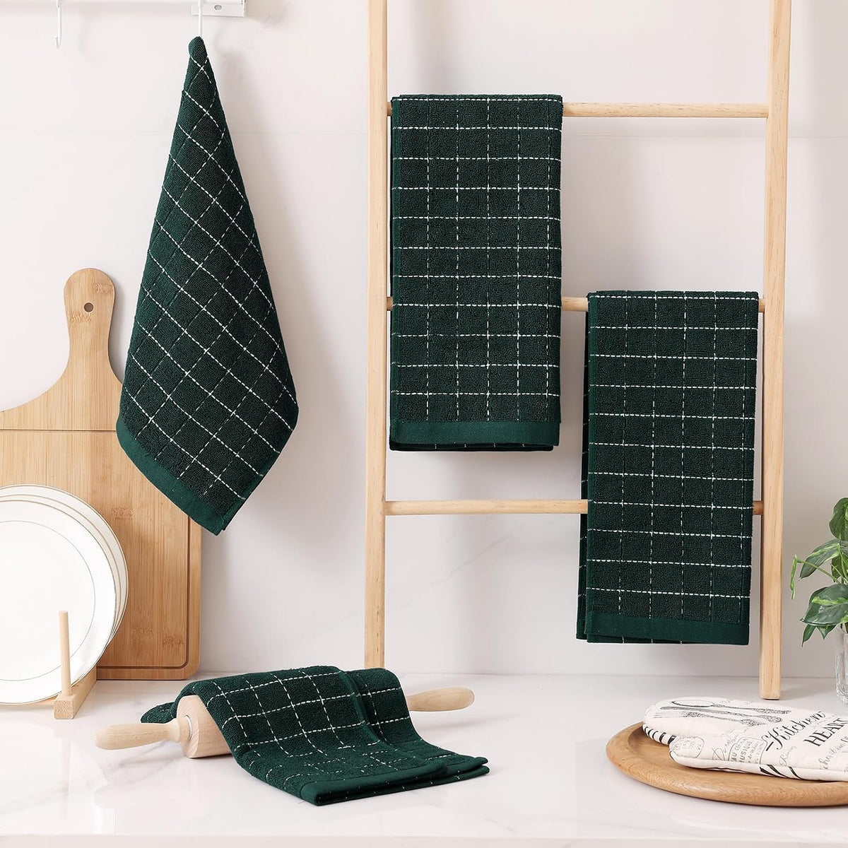 Homaxy 100% Cotton Terry Kitchen Towels, 6 Pack, Blackish Green | Ultra Soft and Absorbent Dish Towels for Kitchen