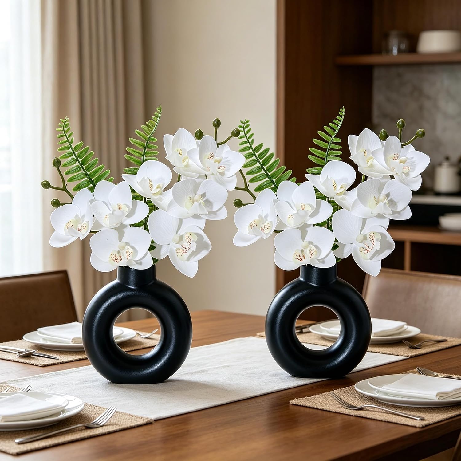 Artificial White Orchids in Black / 2pot White Orchid with Black Ceramic Vase / 10 Inch / Set of 2