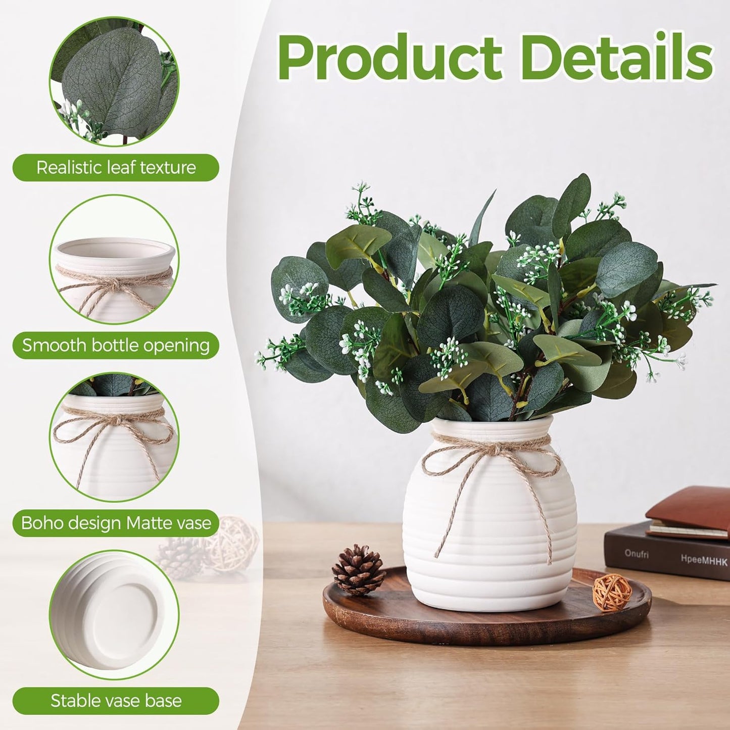 Ceramic Vase / Faux Decorative Plants / White