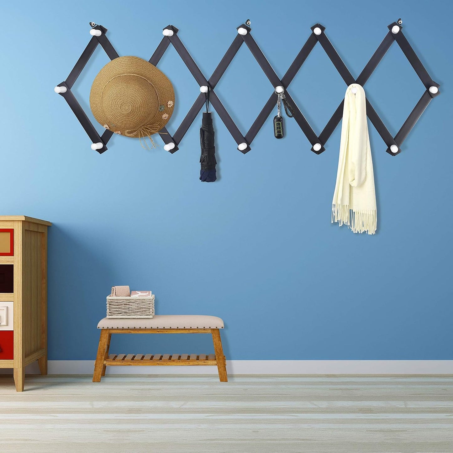 Accordian Wall Hanger: Wooden Coat Rack Wall Mounted, Hat Racks for Baseball Caps, Mug Rack, 16 Peg Hooks, Black & White