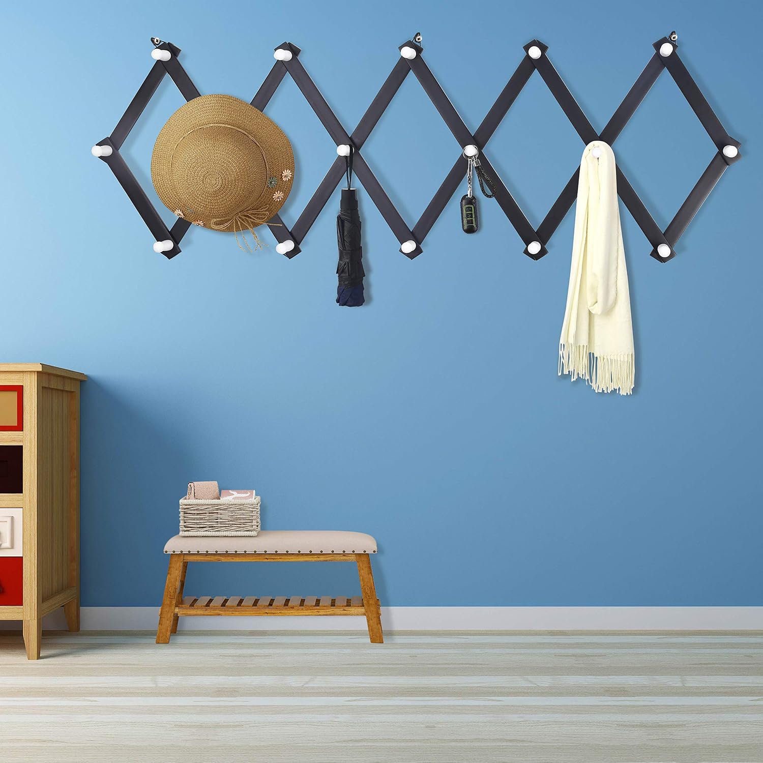 Accordian Wall Hanger: Wooden Coat Rack Wall Mounted, Hat Racks for Baseball Caps, Mug Rack, 16 Peg Hooks, Black & White