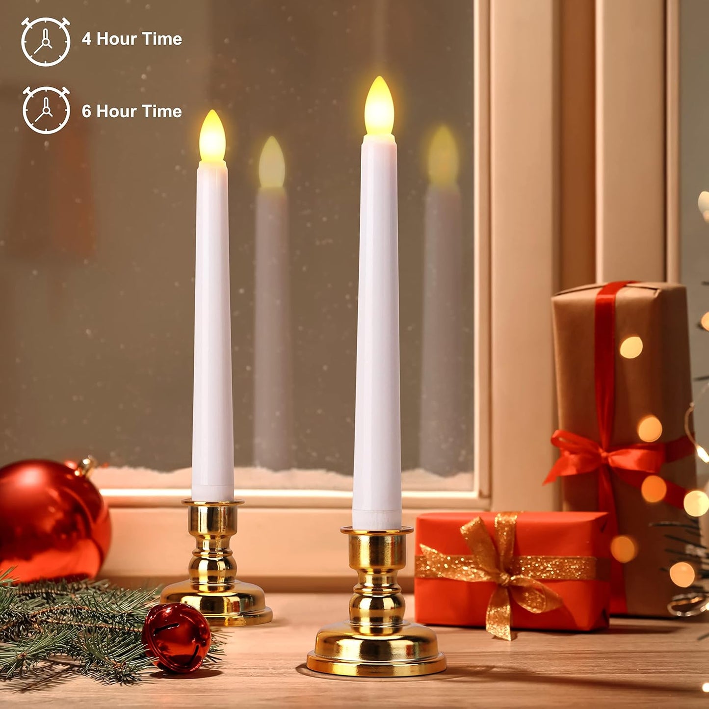 Flameless Window Candles with Gold Bases, Battery Operated Taper Candle with 4H/6H Daily Timer, Remote Window Candle