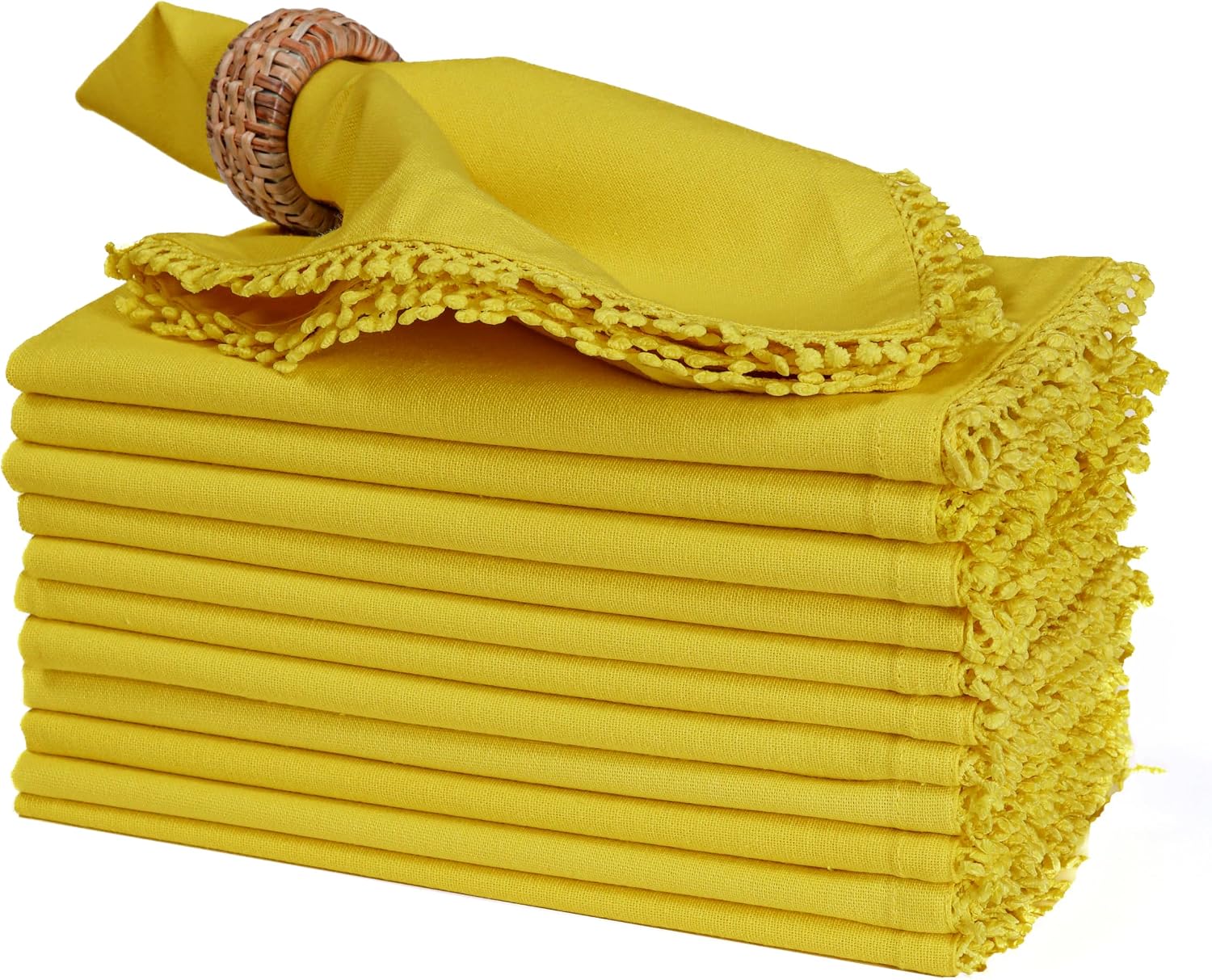 Bedding Craft Cotton Cloth Dinner Napkins Set of 12 – 18x18 Yellow with Decorative Lace Selvedge – Durable Machine