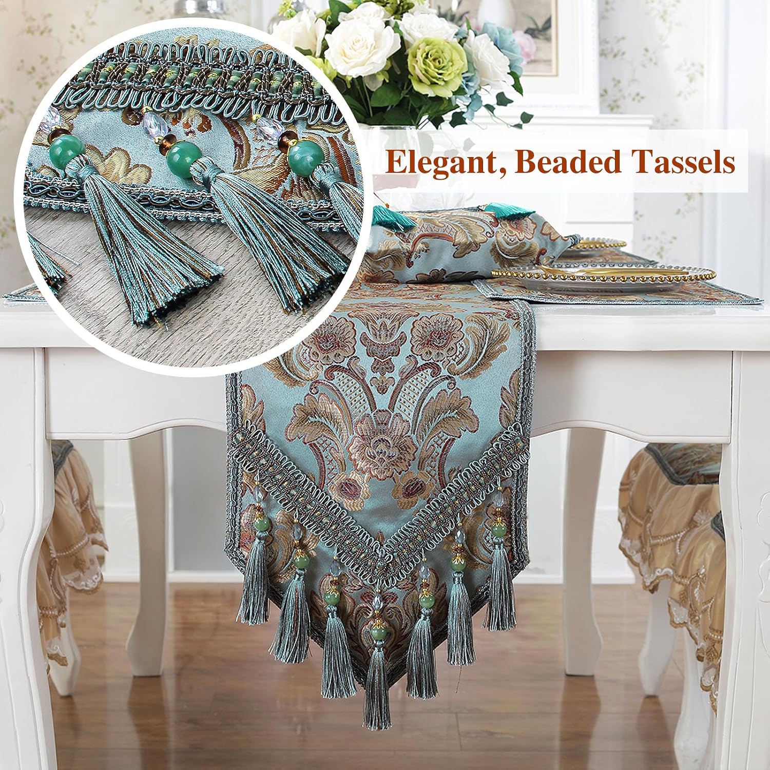 kilofly Elegant Floral Brocade Jacquard Table Runner Tassels (89 x 12 inches)