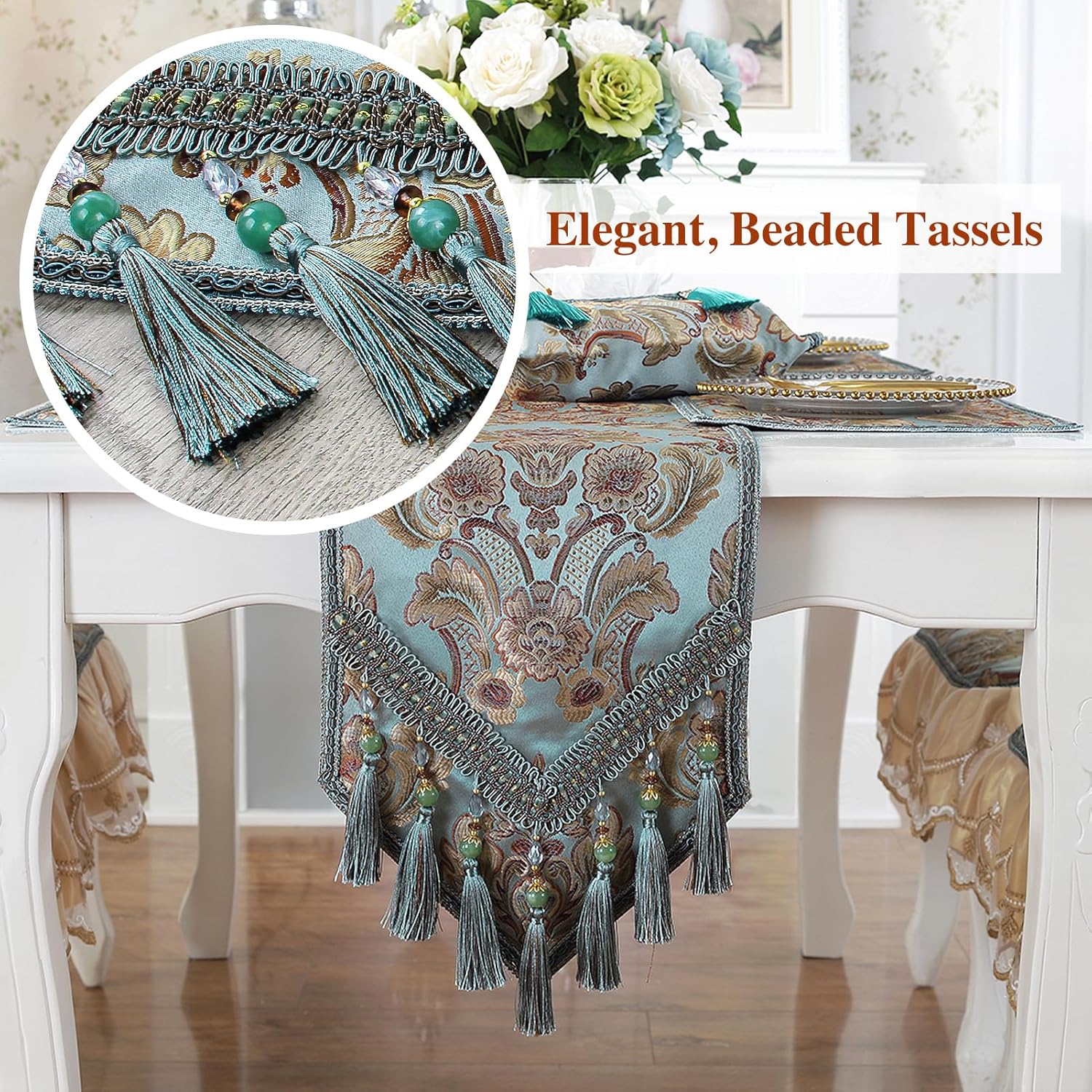 kilofly Elegant Floral Brocade Jacquard Table Runner Tassels (96 x 12 inches)
