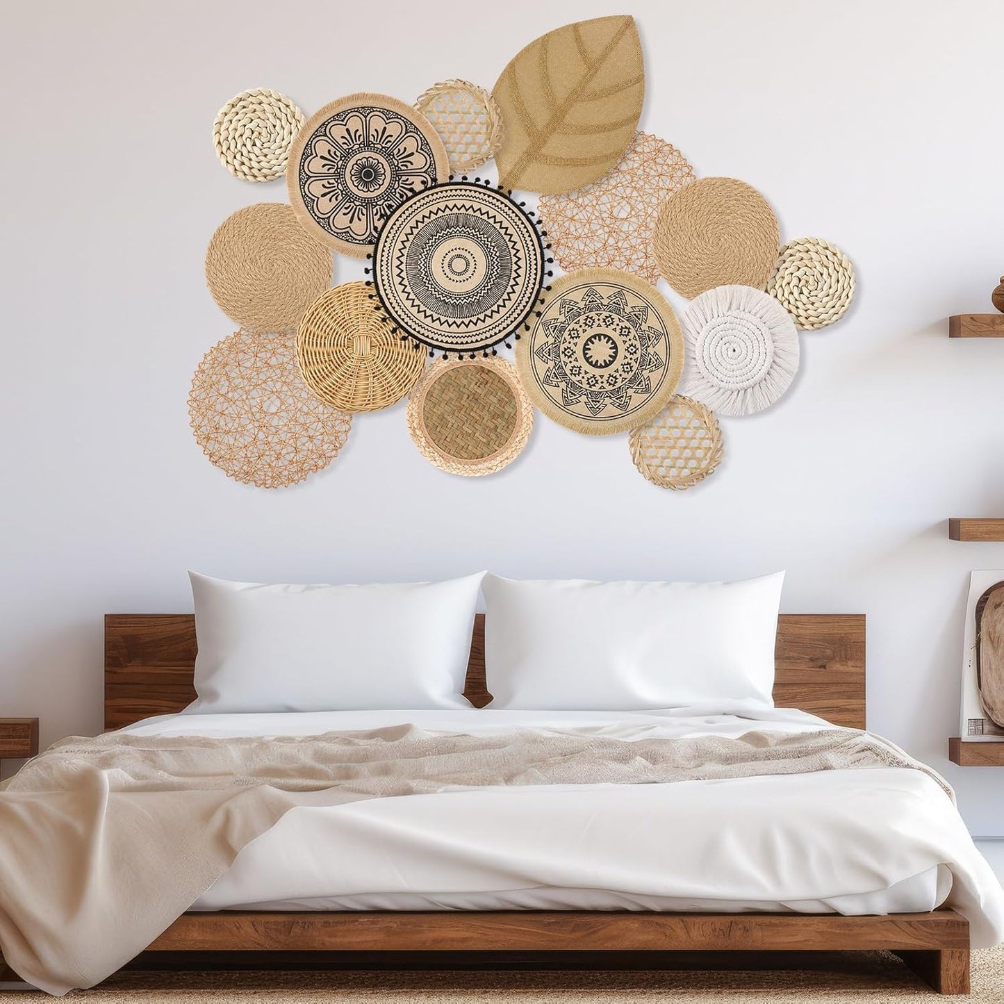 Boho Wall Basket Decor Woven Rattan Seagrass Wall Decor Hanging Rustic Farmhouse Round / Set of 15