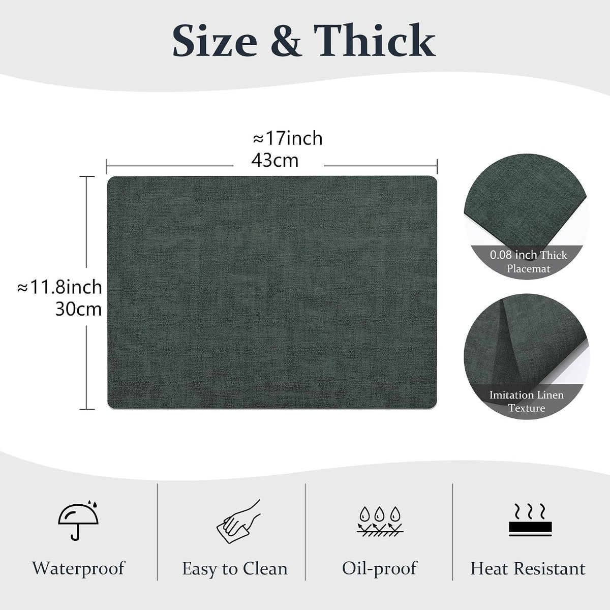 FROMHEART Faux Leather PU Placemats Set of 8 (Dark Green,11.8" x 17") | Waterproof,Heat/Oil Stain-Resistant Table
