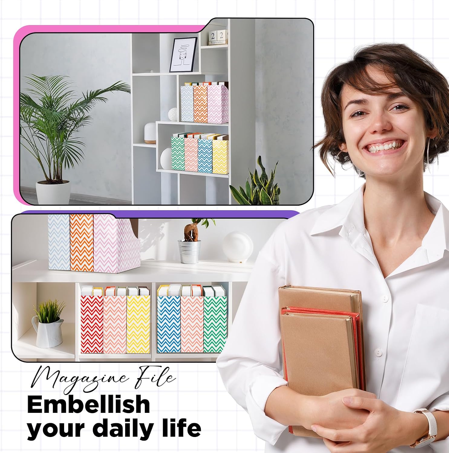 32 Pcs Cardboard Magazine File Holders Organizer, Solid, Striped | Foldable Magazine Boxes with Label Stickers, 8