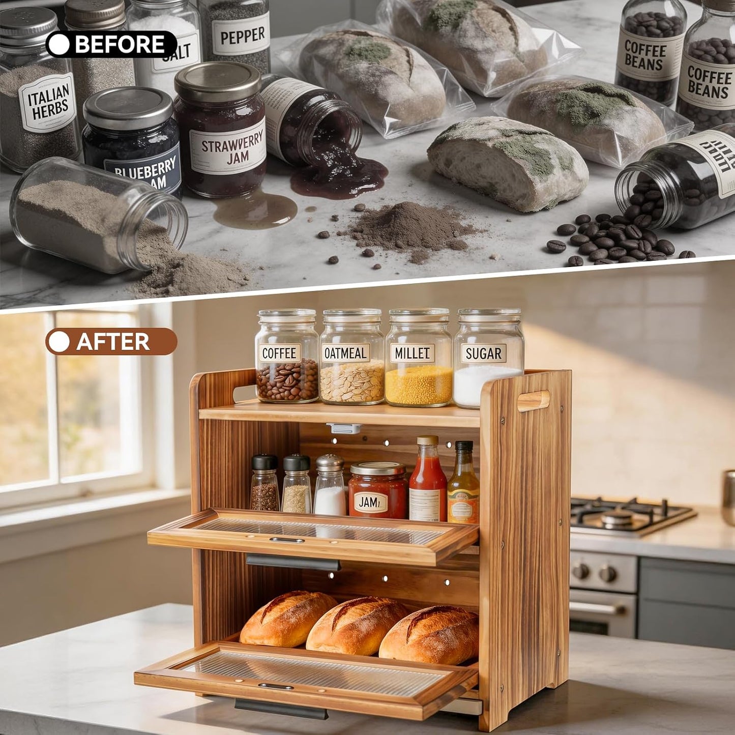 Bread Box for Kitchen Countertop, Large Wooden Breadbox with Cutting Board | Double Layer Bread Storage Container for