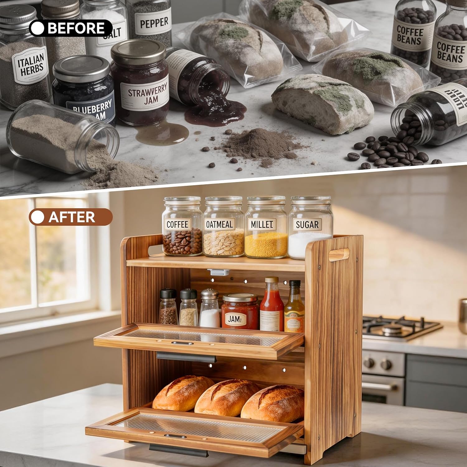 Bread Box for Kitchen Countertop, Large Wooden Breadbox with Cutting Board | Double Layer Bread Storage Container for