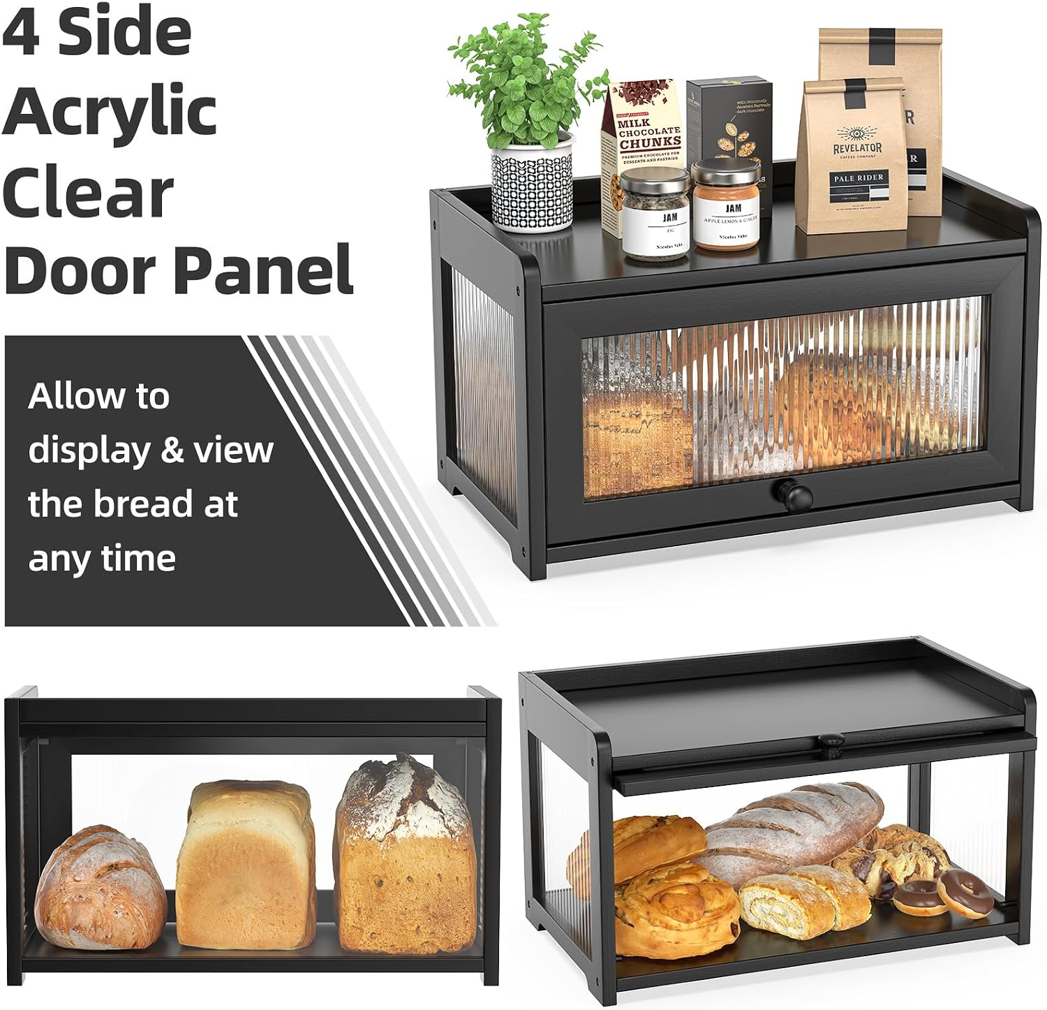 BAMBANG Bamboo Bread Box for Kitchen Countertop, Extra Large Farmhouse Bread Box with 4-Side Clear Panels, Wooden Bread