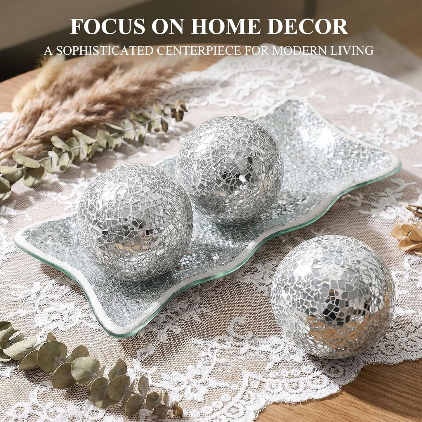 Tray / Orbs Glass Balls for Centerpiece Bowls Mosaic Sphere / Silver / 3 Inch / Set of 3