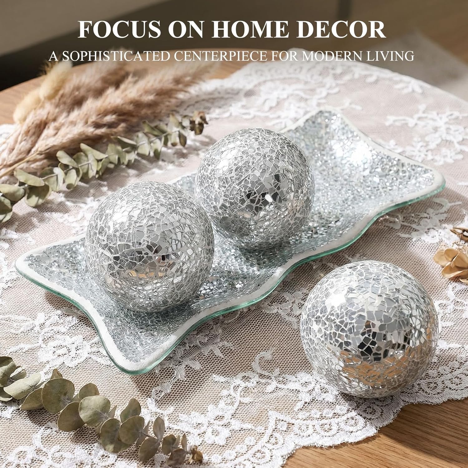 Tray / Orbs Glass Balls for Centerpiece Bowls Mosaic Sphere / Silver / 3 Inch / Set of 3