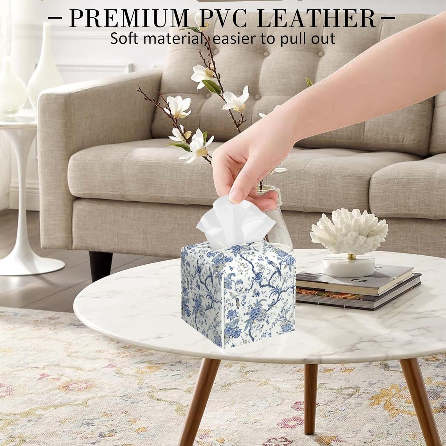 Tissue Box Cover Leather Tissue Box Holder Square Facial Paper Organizer / Blue Flower and Bird