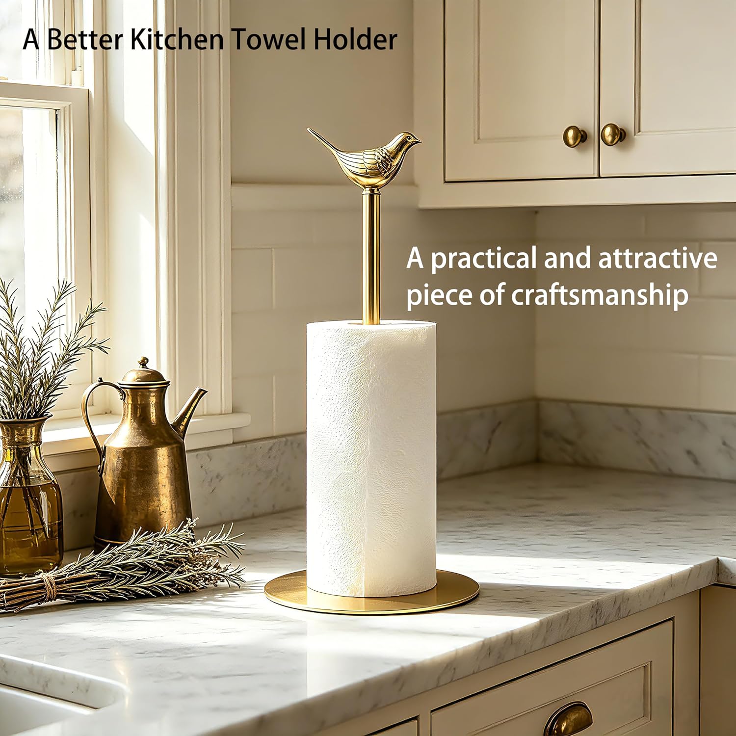 Gold Paper Towel Holder Countertop Brass Papertowel Holder with Removable Bird Decor