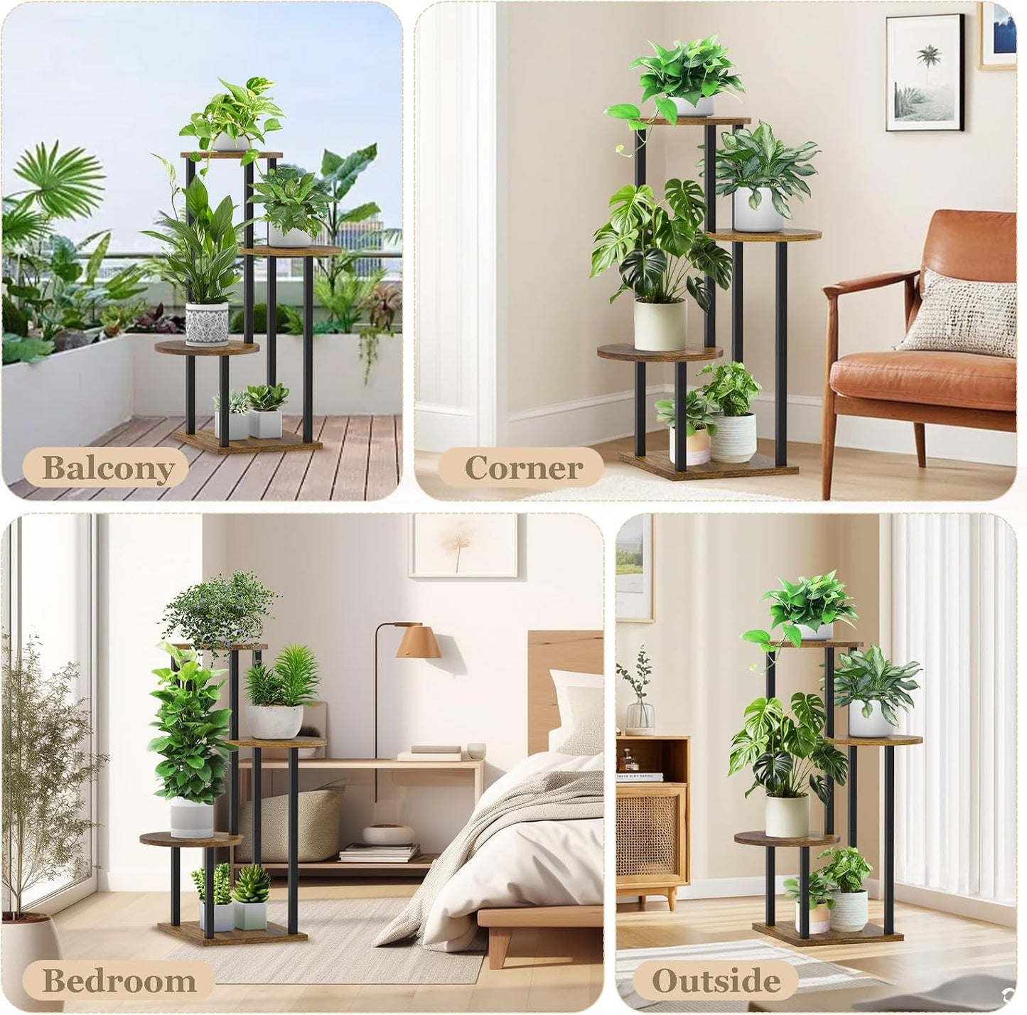 4 Tier Plant Stand Indoor, Metal Wooden Tall Plant Shelf Flower Pot Stand for Multiple Plants, Corner Flower Holder