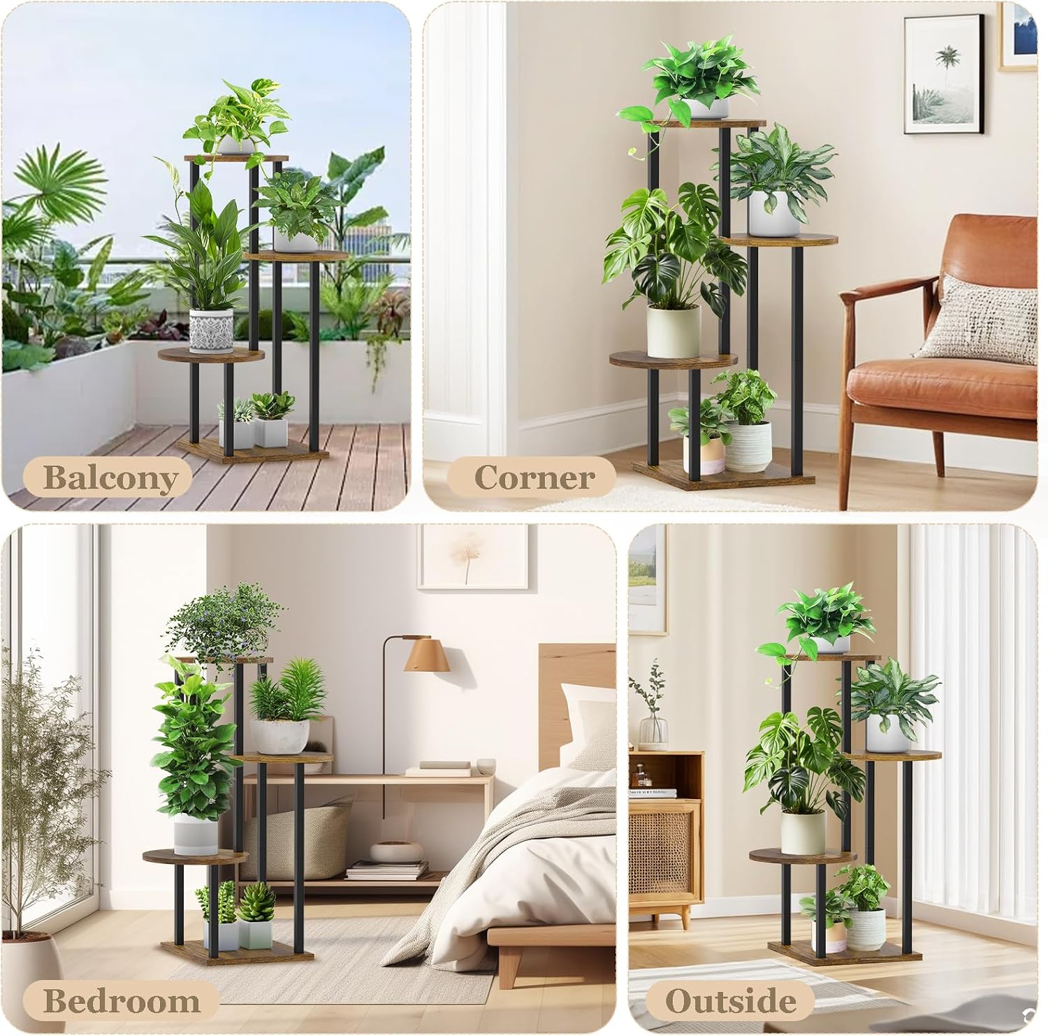 4 Tier Plant Stand Indoor, Metal Wooden Tall Plant Shelf Flower Pot Stand for Multiple Plants, Corner Flower Holder