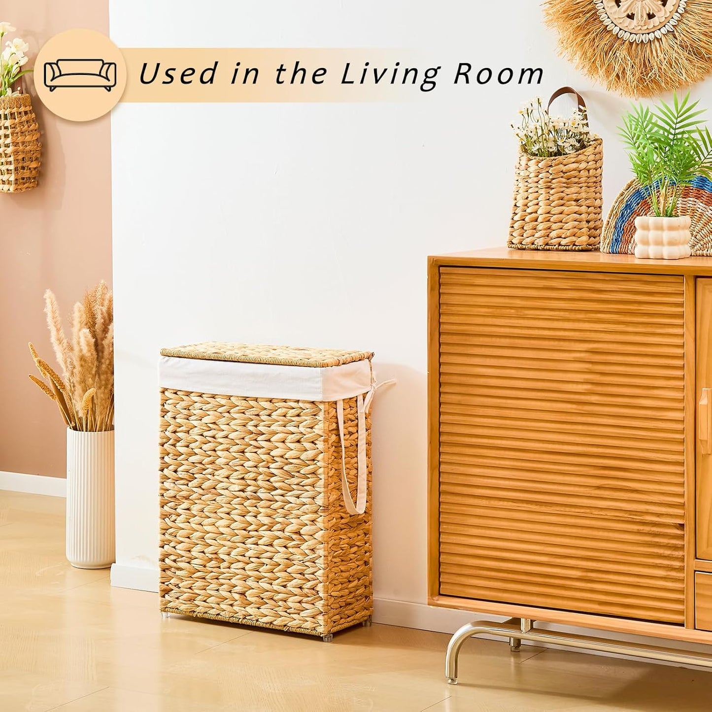Narrow Wicker Laundry Basket / Hyacinth with Lid / 55L / Natural