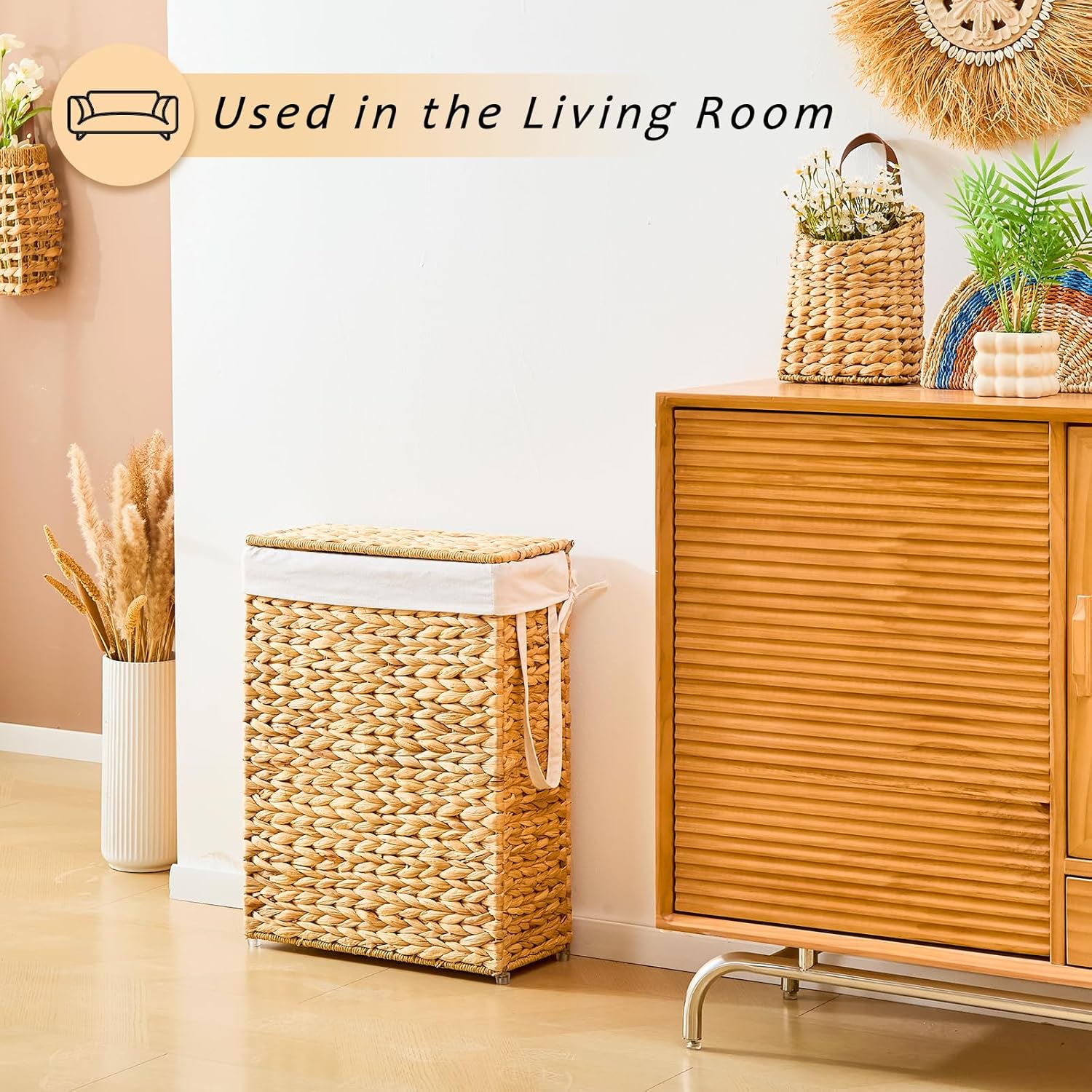 Narrow Wicker Laundry Basket / Hyacinth with Lid / 55L / Natural