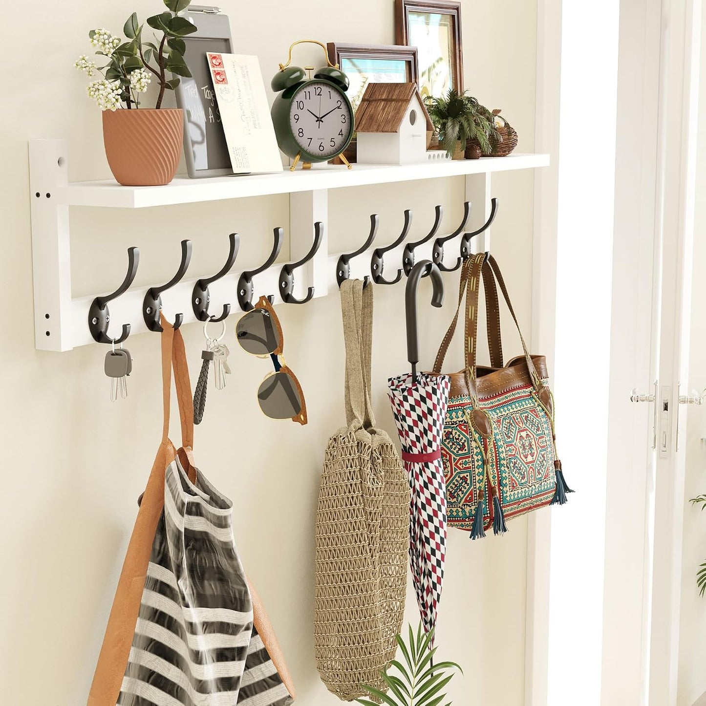 AMBIRD 34.2" L Wooden Wall Coat Hooks with Shelf - Versatile and Decorative Wall-Mounted Storage - 10 Hooks for Hanging