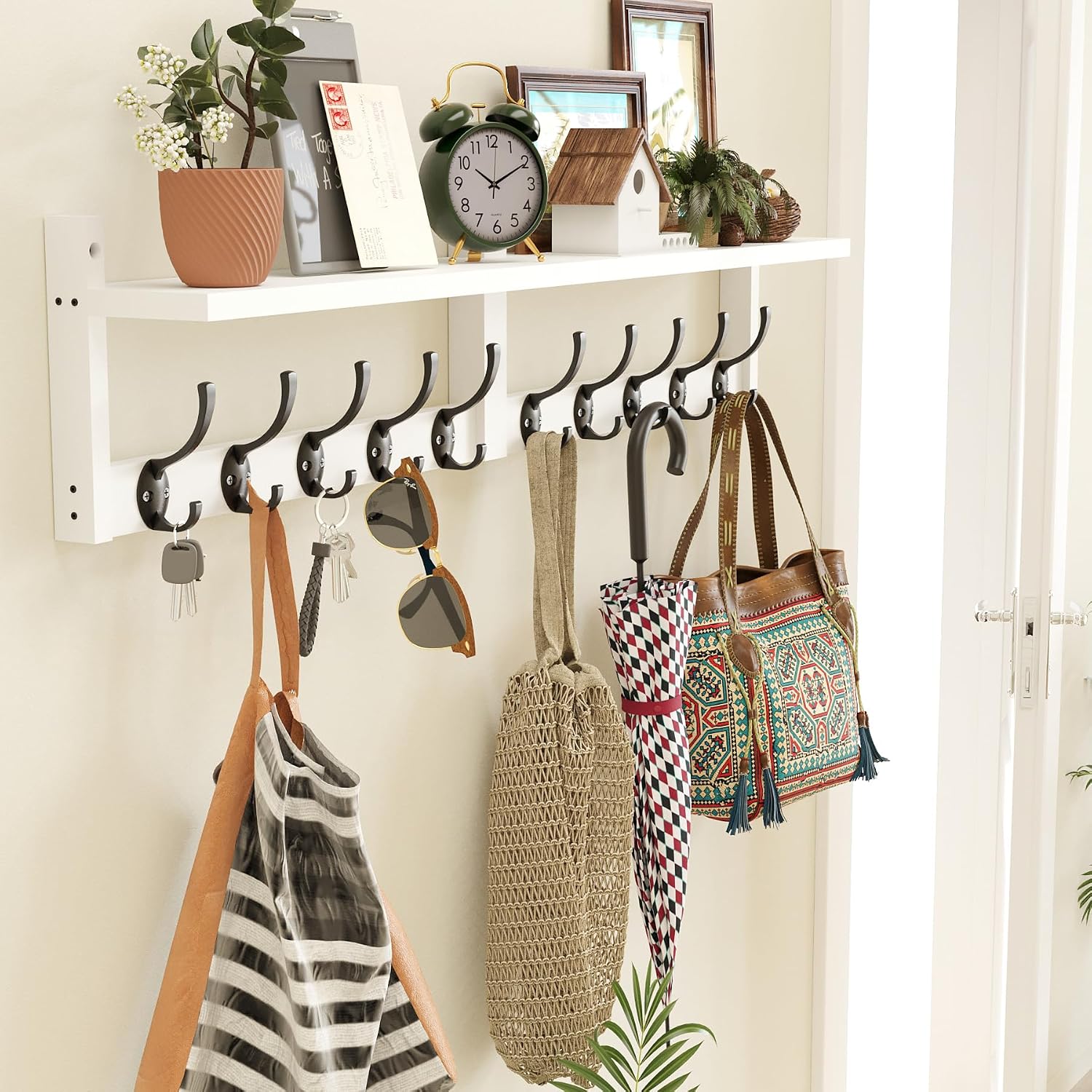 AMBIRD 34.2" L Wooden Wall Coat Hooks with Shelf - Versatile and Decorative Wall-Mounted Storage - 10 Hooks for Hanging